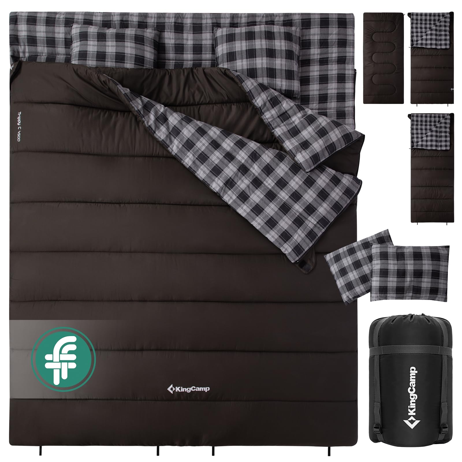 KingCamp Trippy C 450D 3-in-1 Double Sleeping Bag, 32°F Comfort Flannel-Lined 2-Person Camping Bag with Blanket & 2 Pillows