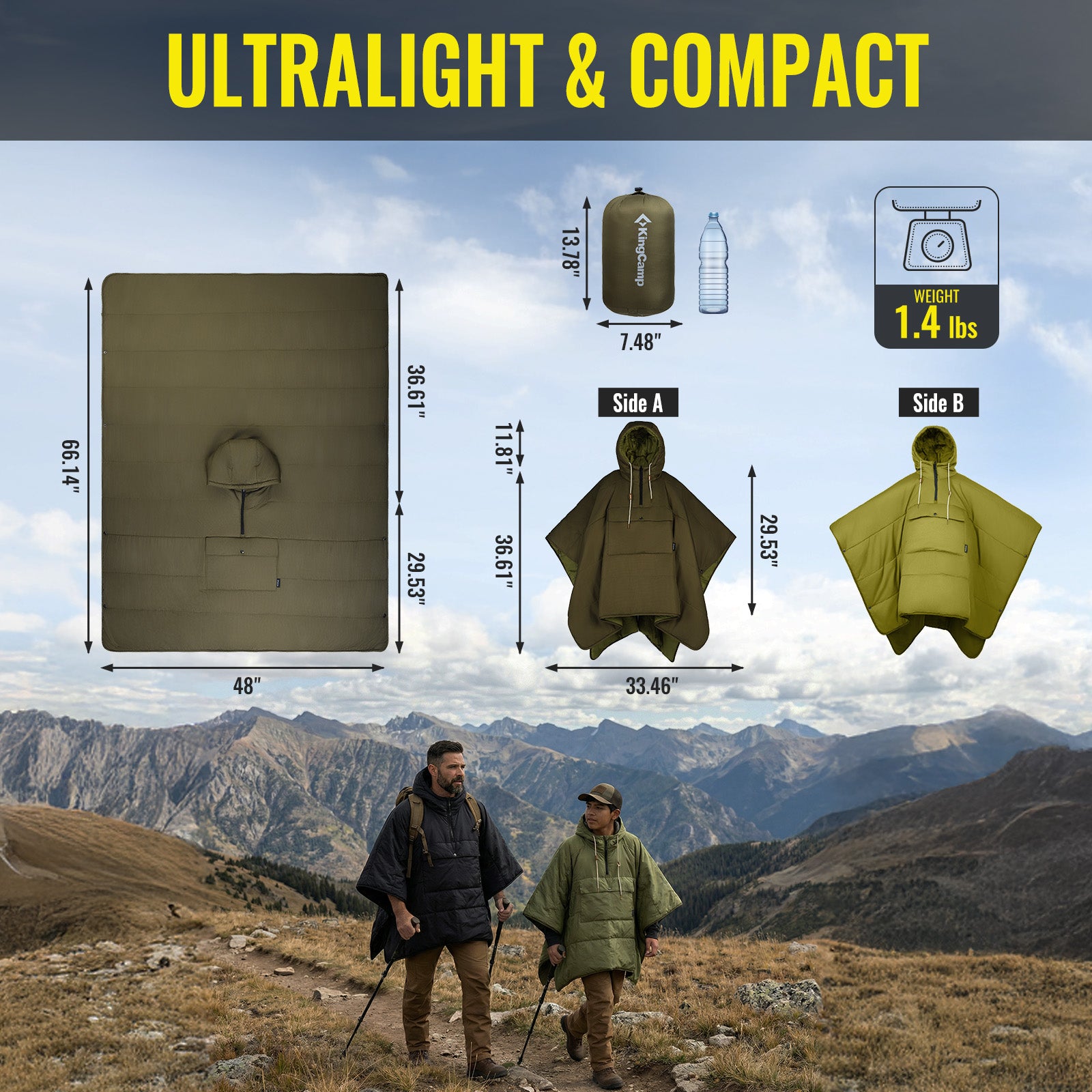 MURANO 180 Wearable 3-in-1 Convertible Camping Poncho with Kangaroo Pocket