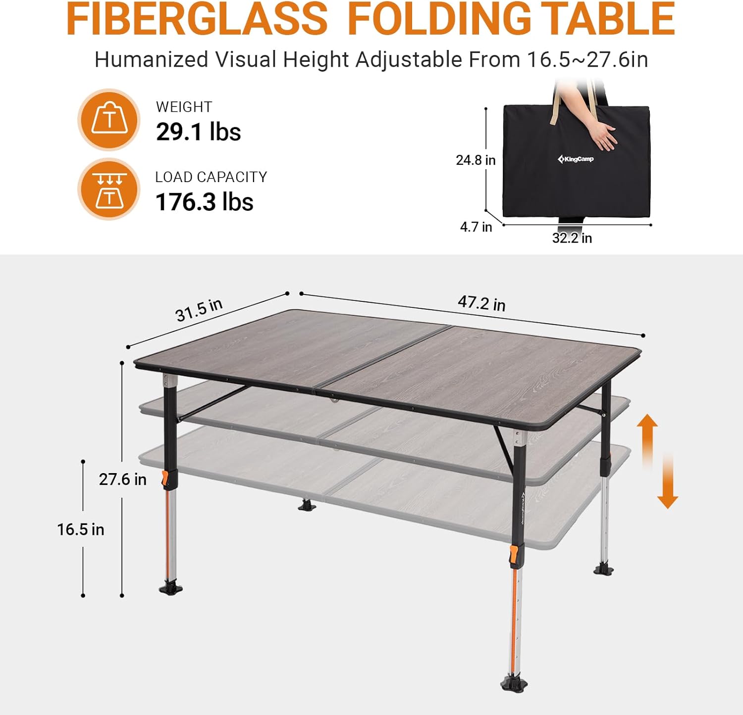 KingCamp GRANITE P12080 Klappbarer Campingtisch aus Fiberglas