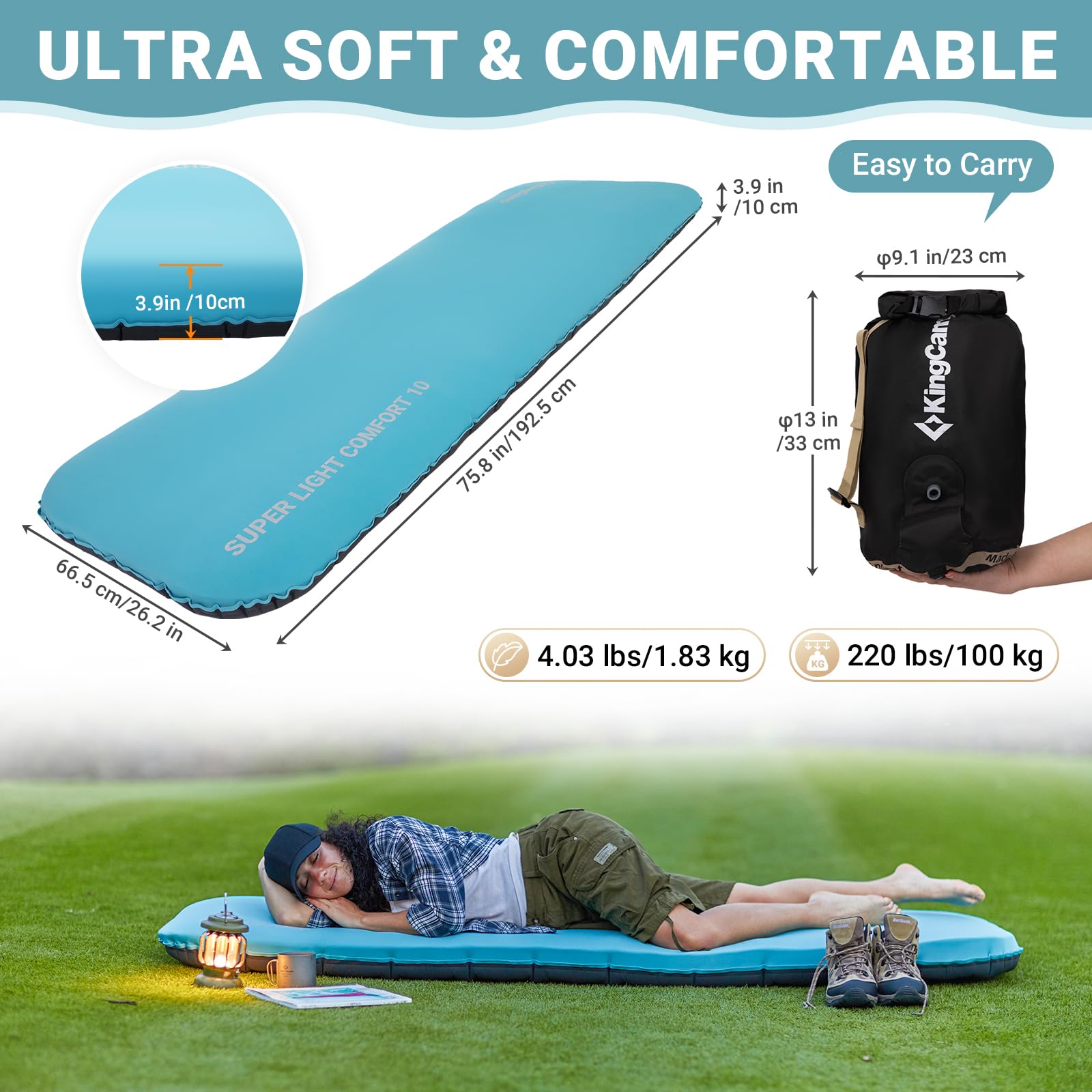 KingCamp SUPER LIGHT COMFORT 10 Single Air Pad - 4" Memory Foam Sleeping Pad