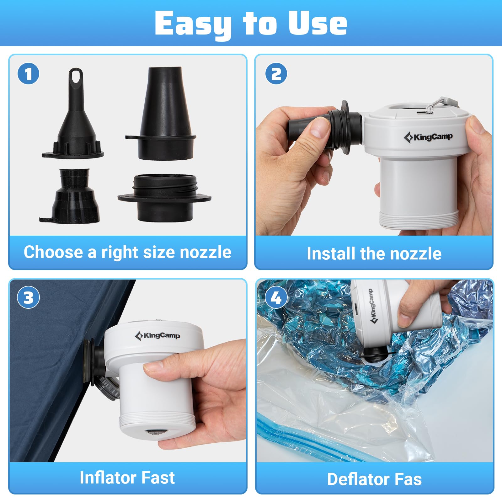 KingCamp Quick-Fill Perfect Inflator/Deflator Pumps with 4 Nozzles