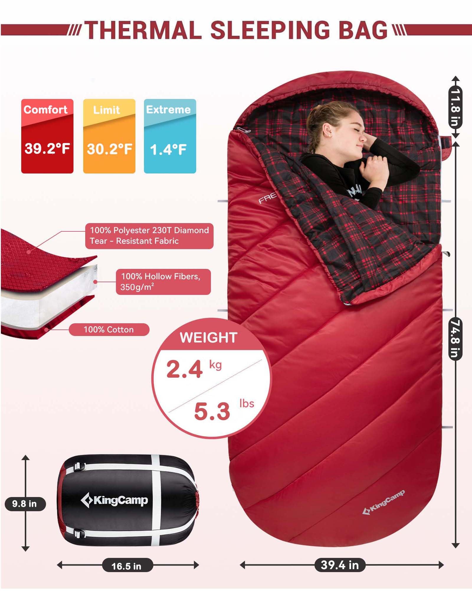 FREESPACE 350 Plus Size 3-4 Season Sleeping Bag