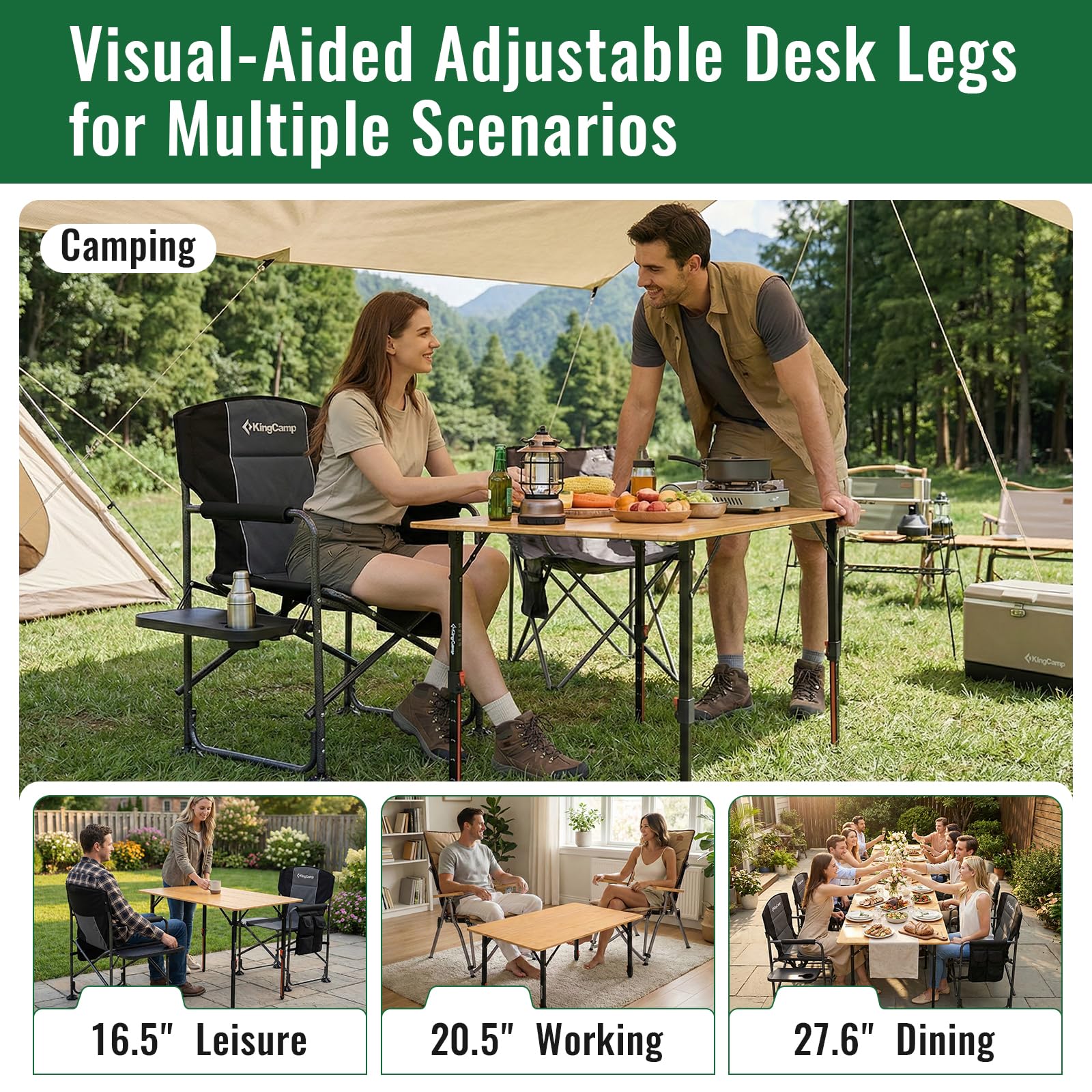 KingCamp BamAura 4Fold 10065 PLUS Bamboo Camping Table with Serrated Adjustable Legs