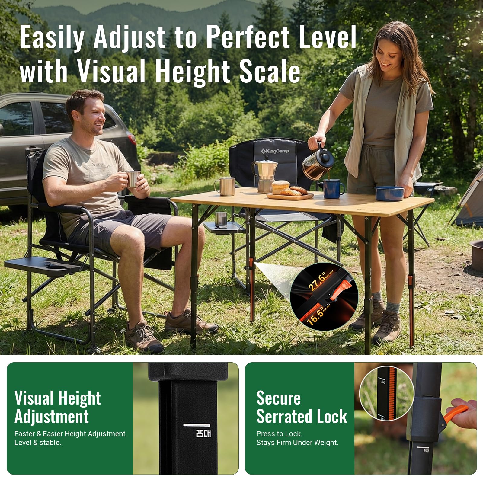 KingCamp BamAura 4Fold 10065 PLUS Bamboo Camping Table with Serrated Adjustable Legs