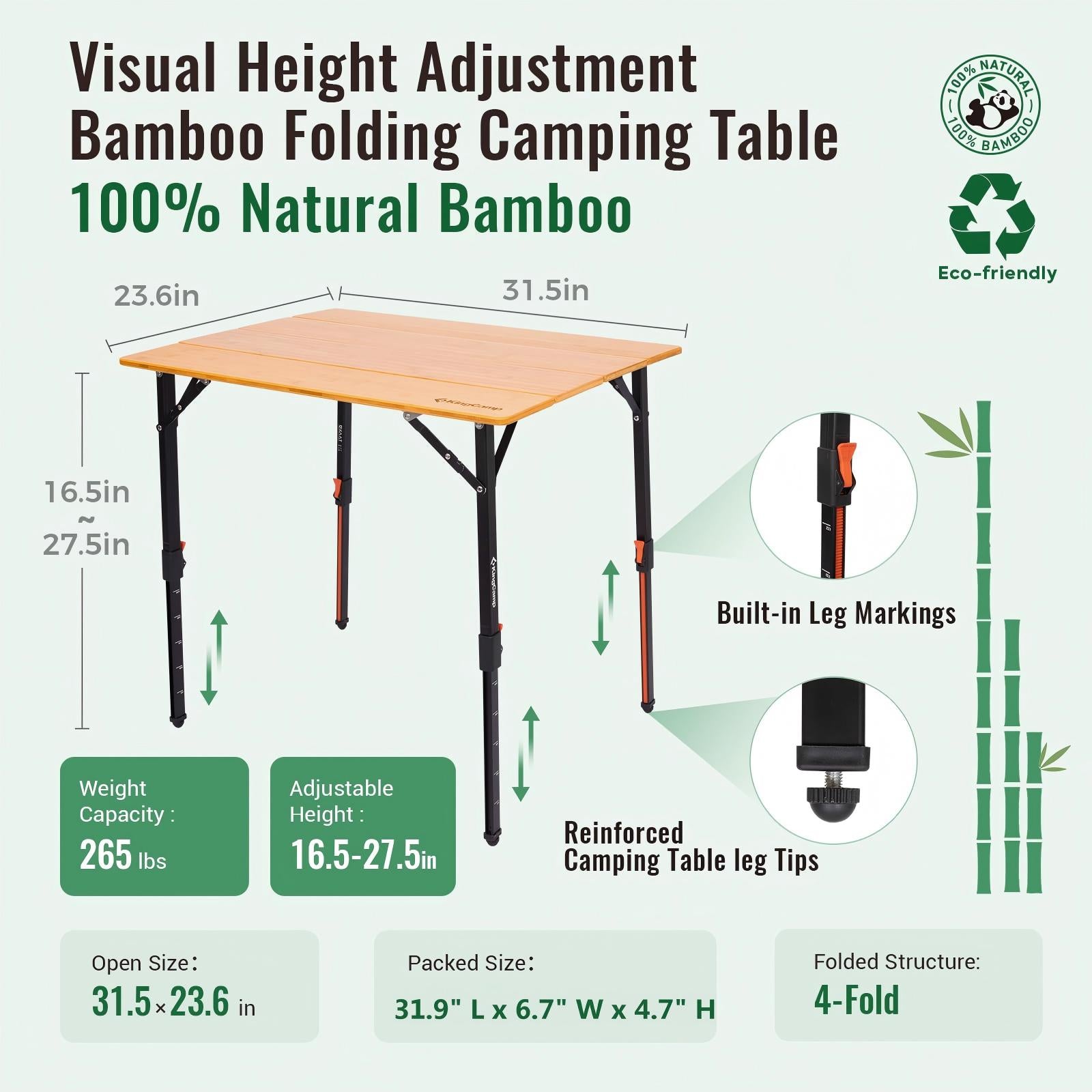 KingCamp BAMBOO P8060 PLUS 4-Fold Bamboo Camping Table