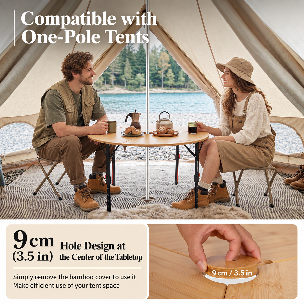 KingCamp BAMBOO P95D PLUS Round Bamboo Camping Table, 14.2"-23.6" Adjustable Height, 37.4" Folding Outdoor Table