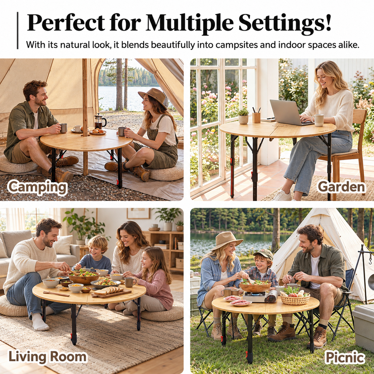 KingCamp BAMBOO P95D PLUS Round Bamboo Camping Table, 14.2"-23.6" Adjustable Height, 37.4" Folding Outdoor Table