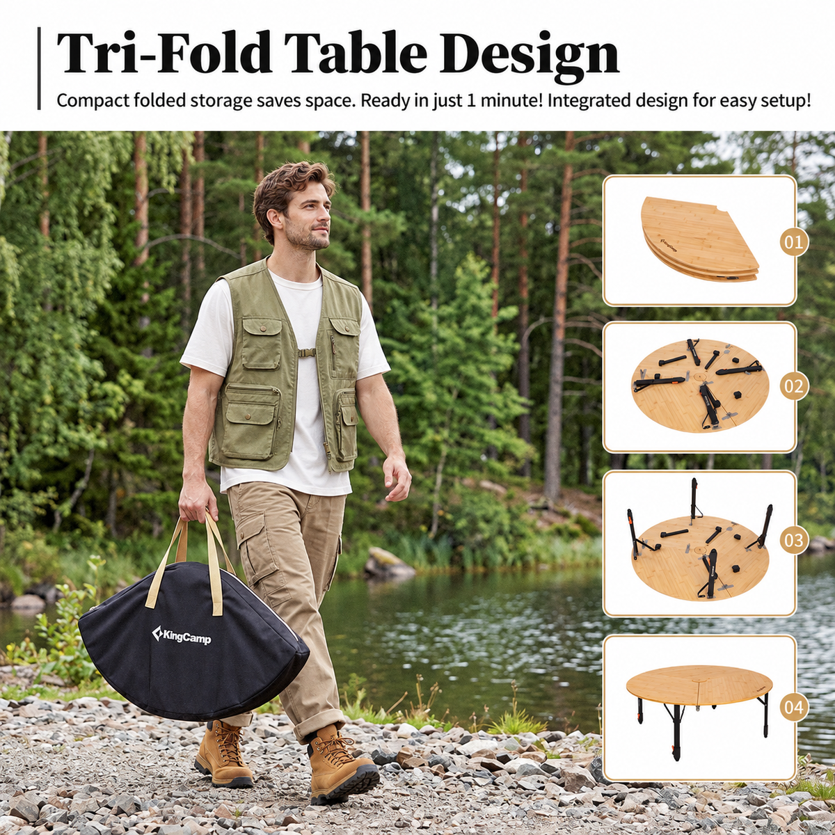 KingCamp BAMBOO P95D PLUS Round Bamboo Camping Table, 14.2"-23.6" Adjustable Height, 37.4" Folding Outdoor Table