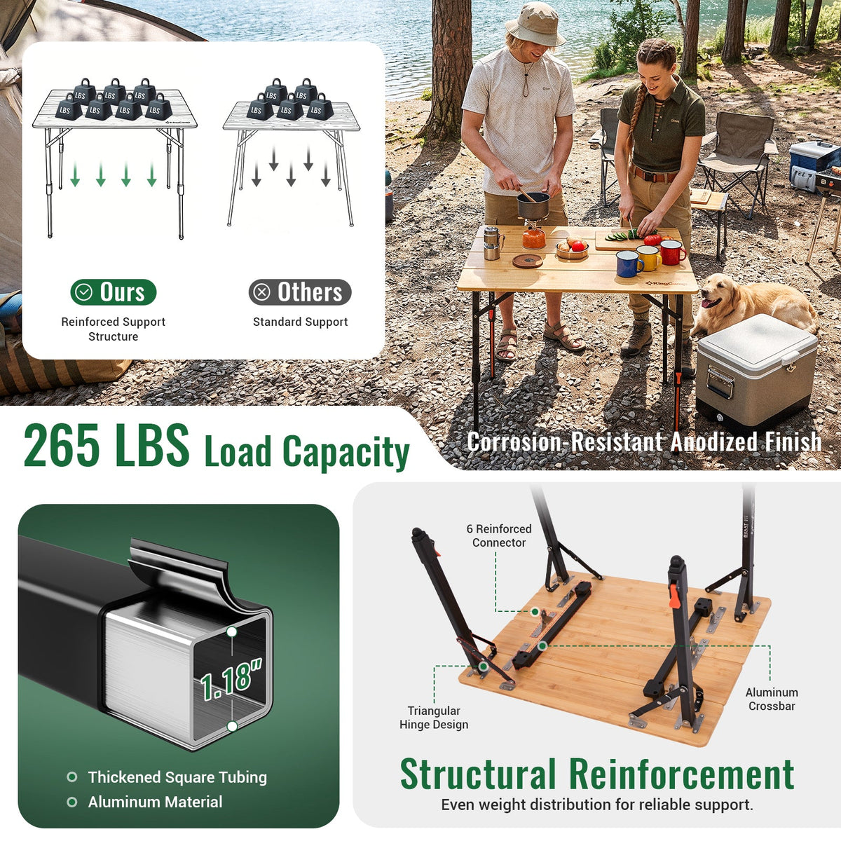 KingCamp BamAura 4Fold Bamboo Camping Table, Adjustable Height 16.5"-27.5", Portable Folding Table for 2-3 People