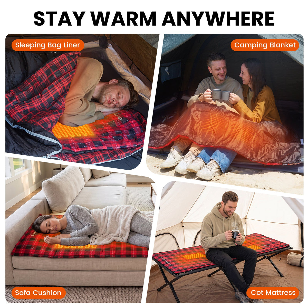 KingCamp CAMPCOZY Heated Camping Pad, 78" x 26" USB Powered Heated Sleeping Mat with 3 Heating Panels, Cotton Flannel Top for Cot, Sleeping Bag & Travel