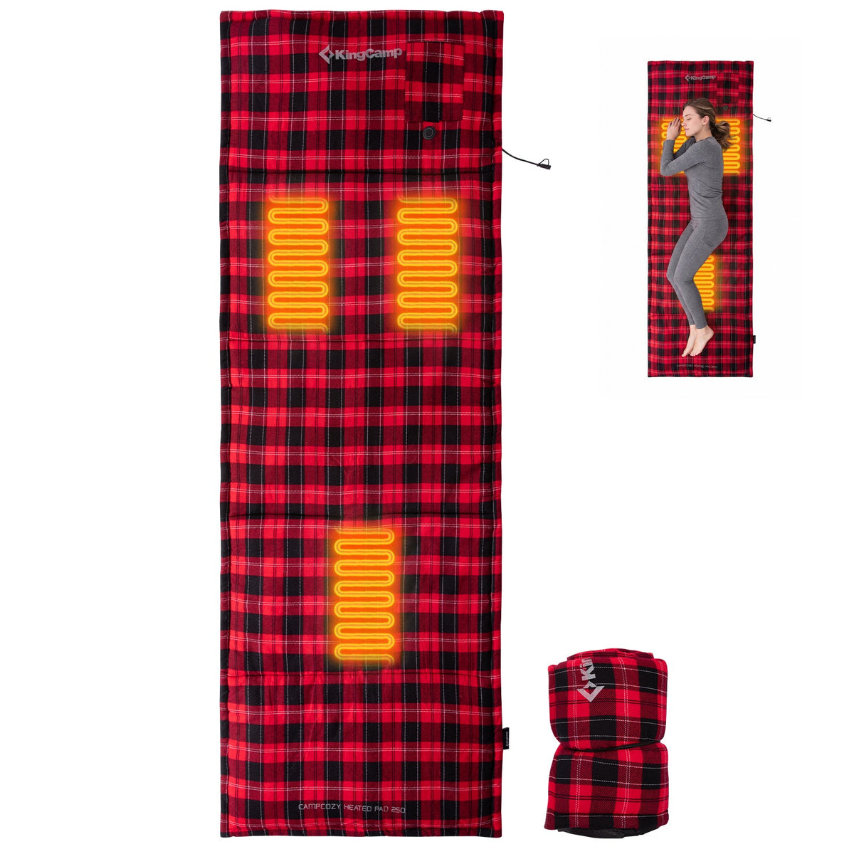 KingCamp CAMPCOZY Heated Camping Pad, 78" x 26" USB Powered Heated Sleeping Mat with 3 Heating Panels, Cotton Flannel Top for Cot, Sleeping Bag & Travel