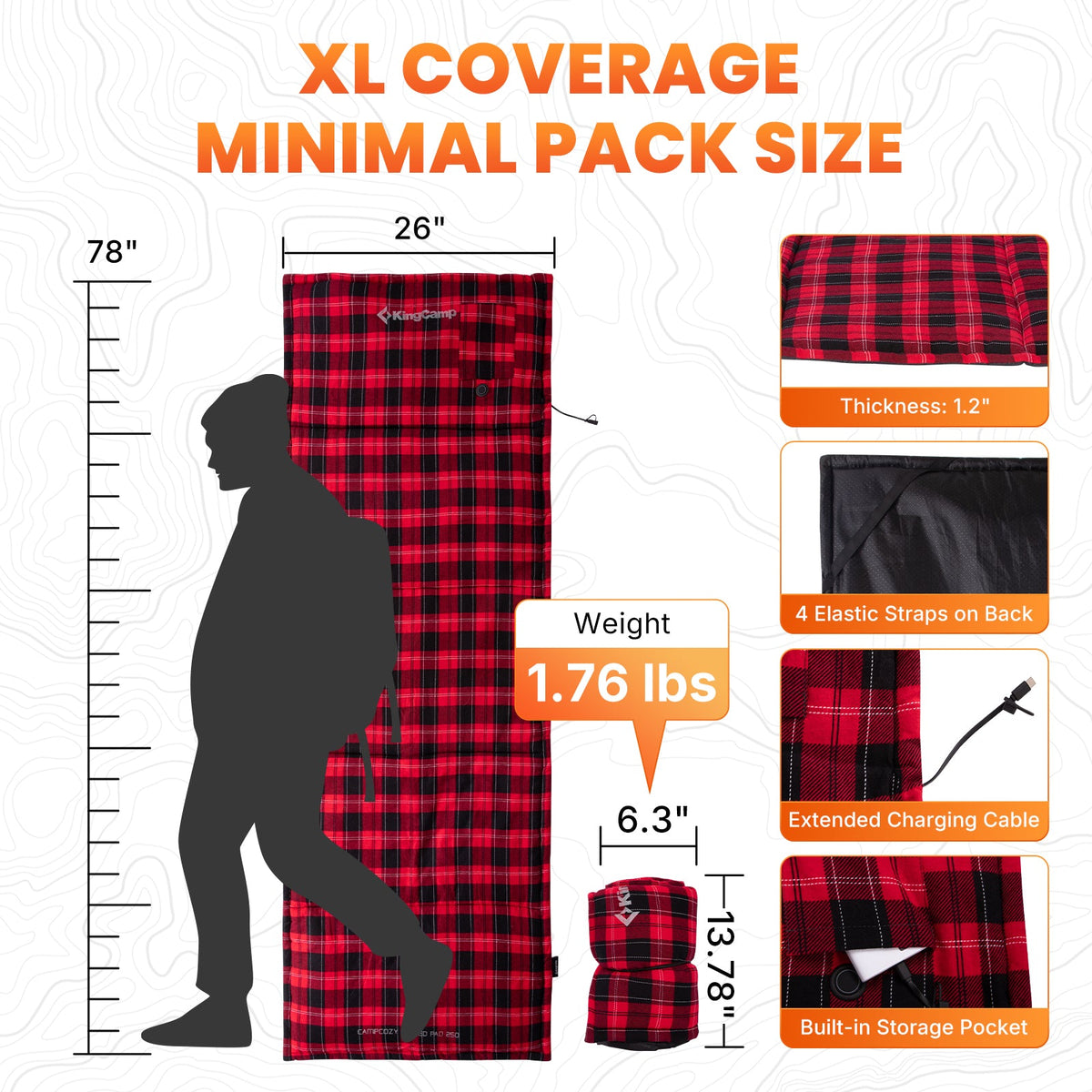 KingCamp CAMPCOZY Heated Camping Pad, 78" x 26" USB Powered Heated Sleeping Mat with 3 Heating Panels, Cotton Flannel Top for Cot, Sleeping Bag & Travel