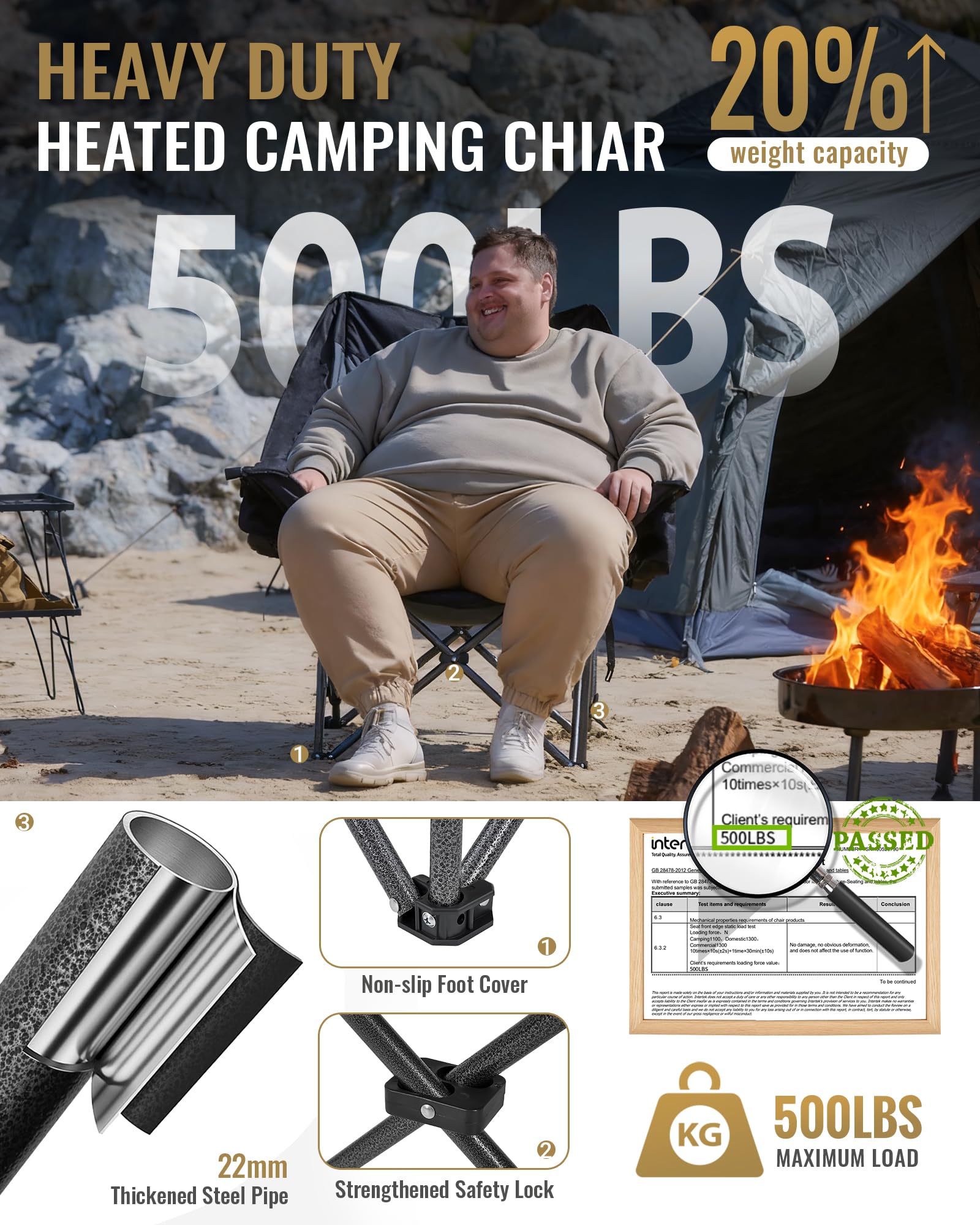 KingCamp Heavy Duty Heated Camping Chair - Oversized Single Chair with 3 Heat Settings