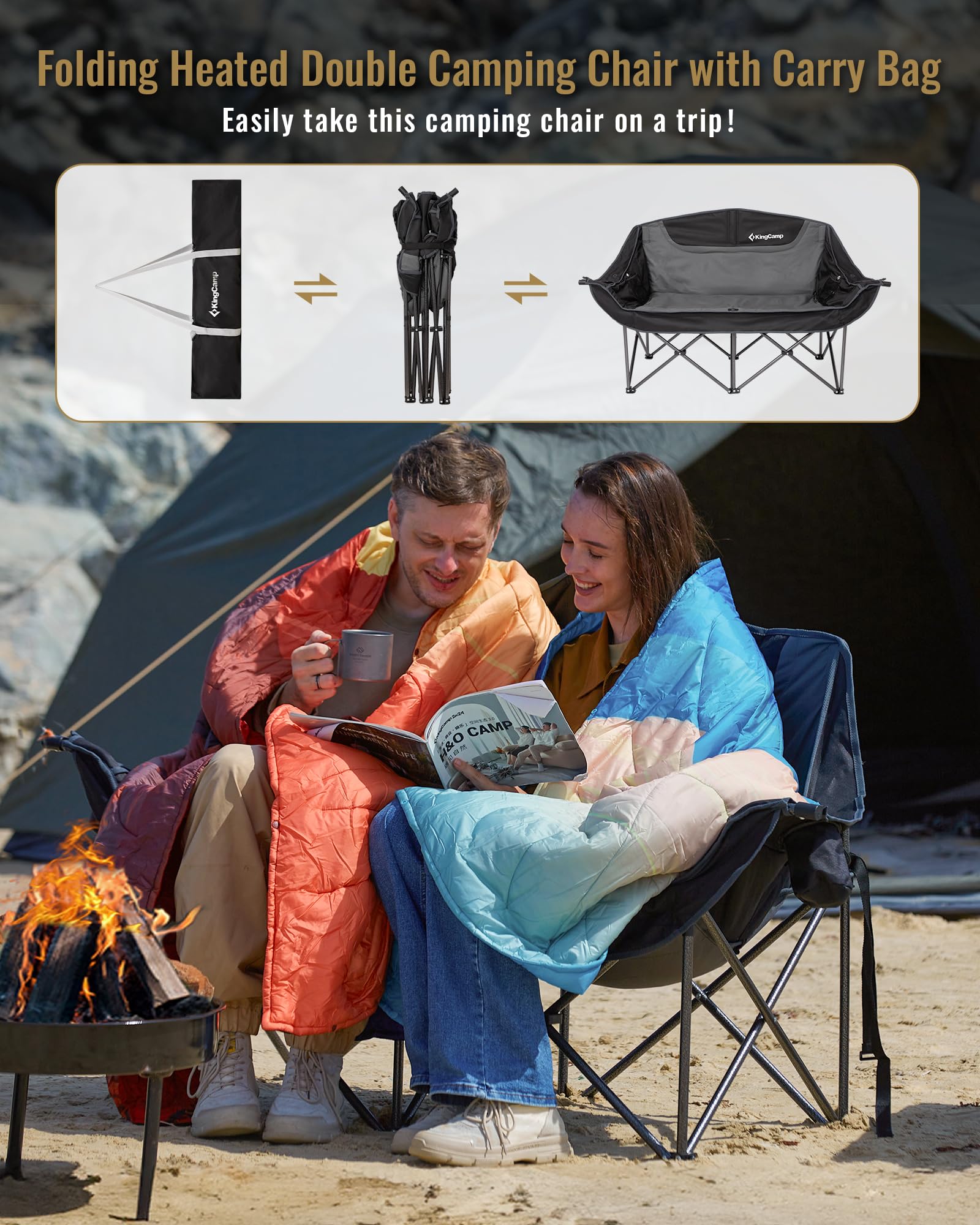 KingCamp Floding Heated Loveseat Camping Chair with Carry Bag Easy Fold