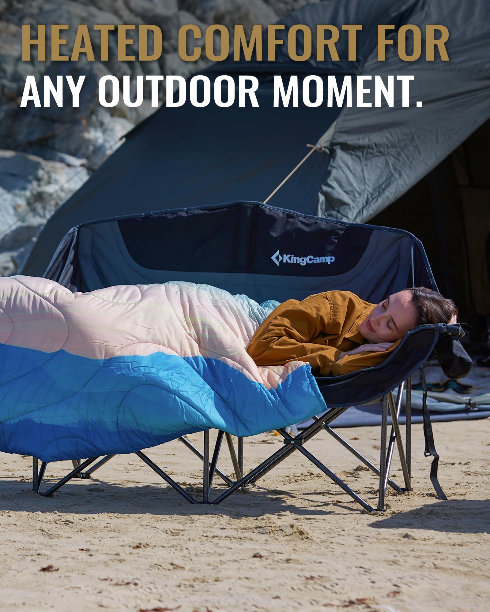 KingCamp CANNA C20 PLUS Heated Loveseat Camping Chair - 2-Person Oversized Padded Couples Chair with 3-Temperature Settings