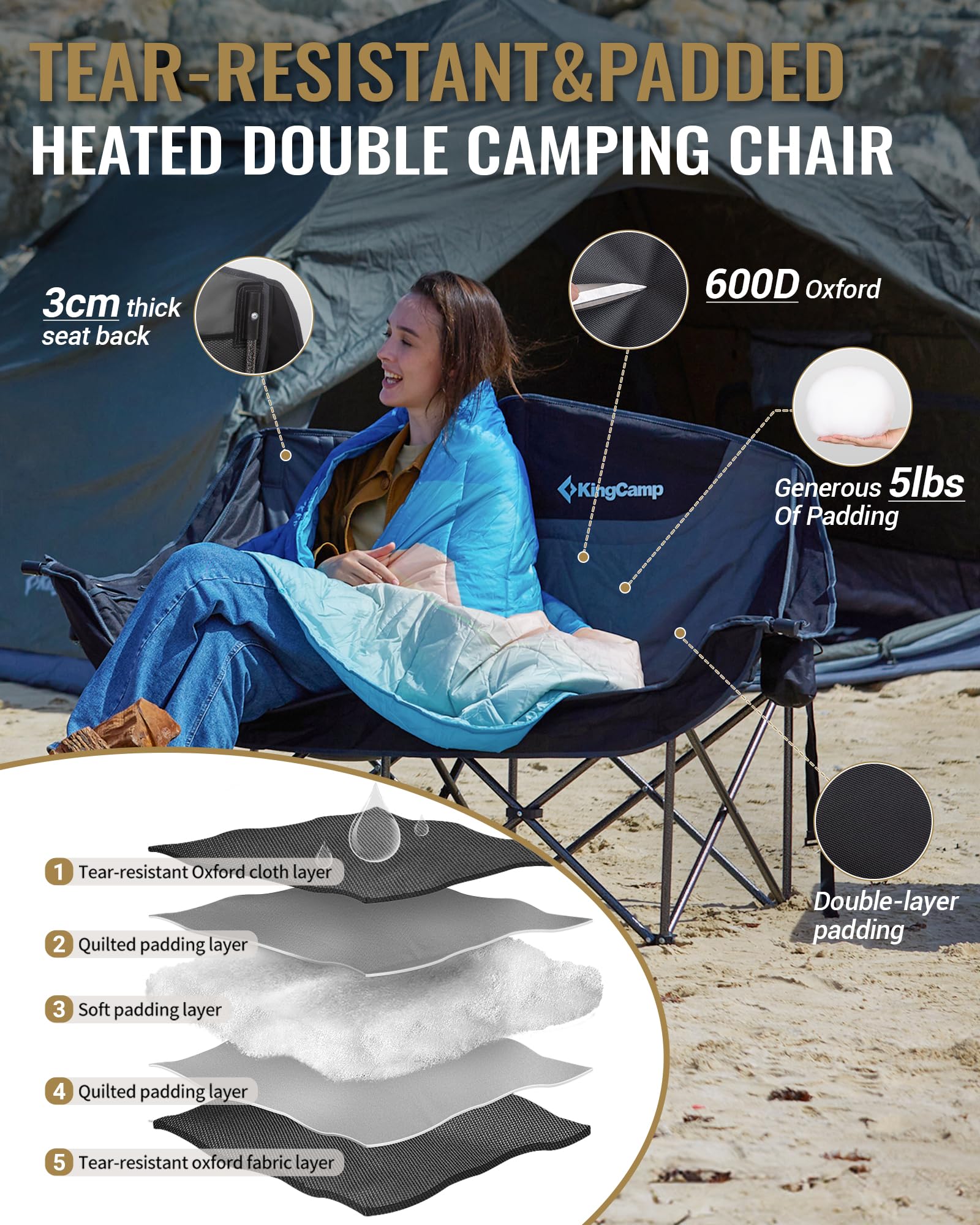 KingCamp CANNA C20 PLUS Heated Loveseat Camping Chair - Tear-Resistant and Padded