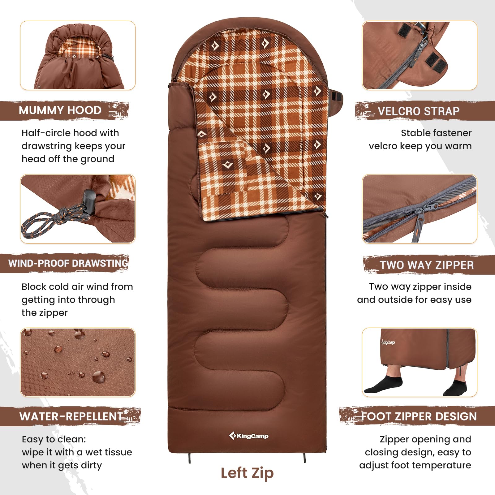 KingCamp CLOUDY 400 Cold Weather Sleeping Bag for Adults - 4-Season, Wide, Waterproof, Converts to Double