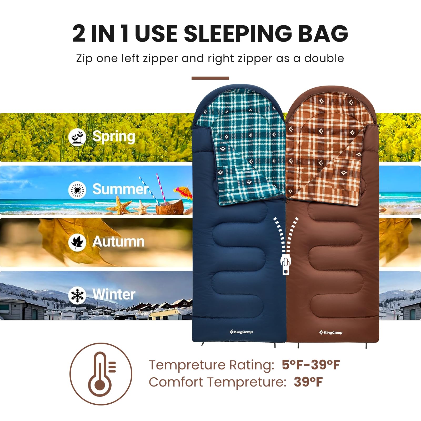 KingCamp CLOUDY 400 Cold Weather Sleeping Bag for Adults - 4-Season, Wide, Waterproof, Converts to Double