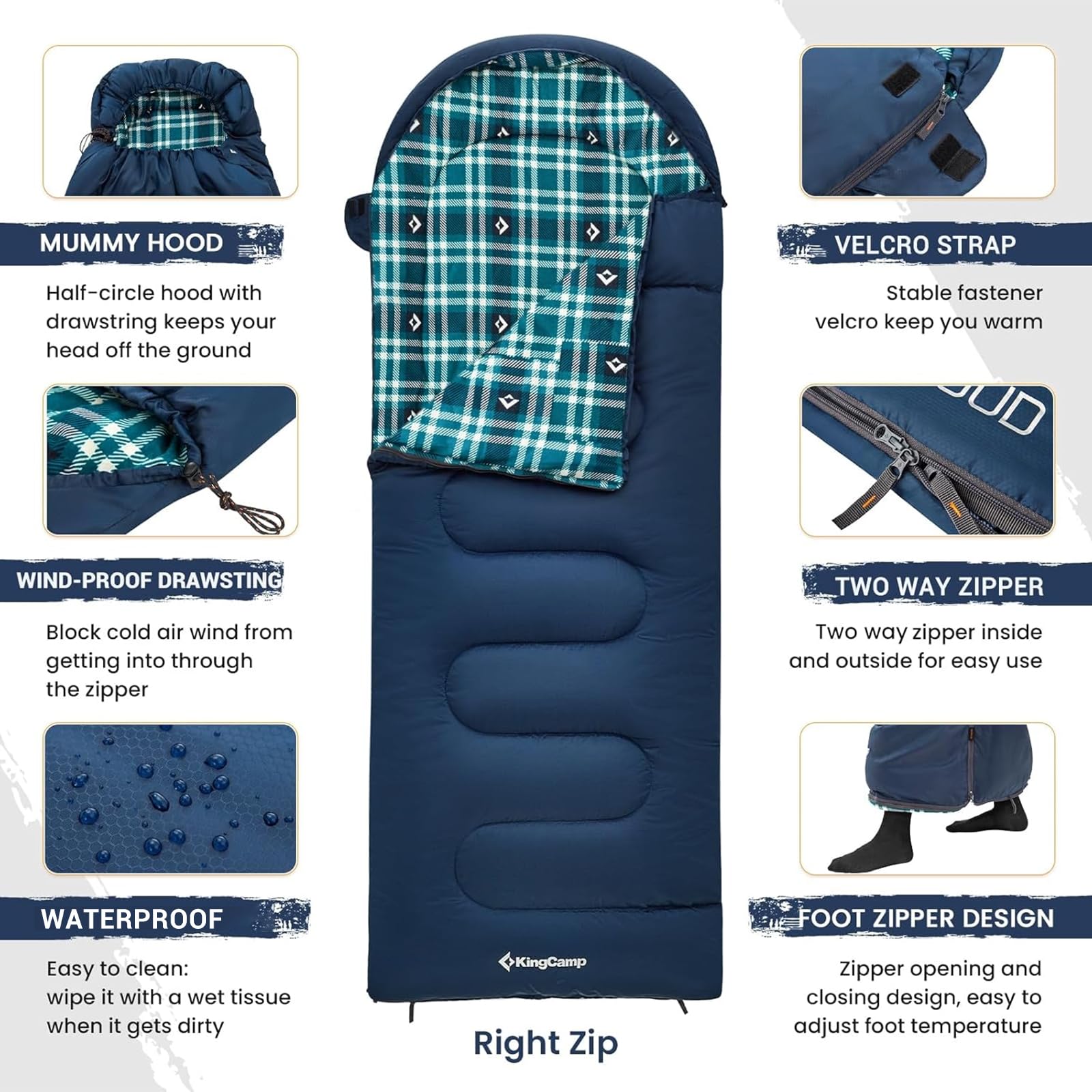 KingCamp CLOUDY 400 Cold Weather Sleeping Bag for Adults - 4-Season, Wide, Waterproof, Converts to Double