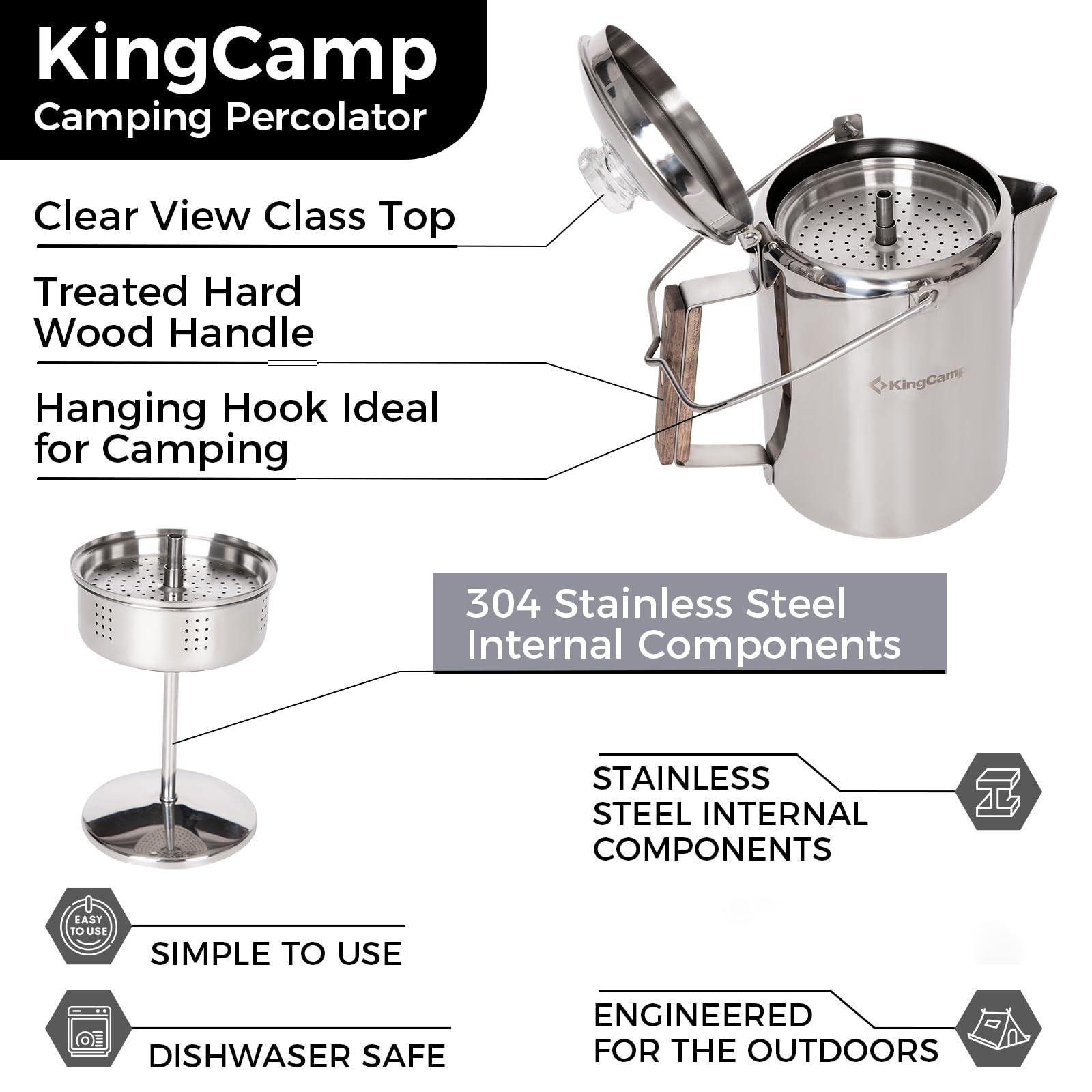 KingCamp Camping Coffee Pot, 12 Cup Stainless Steel Percolator - 304 Food-Grade, Wood Handle for Campfire, RV & Outdoor Brewing, No Aluminum