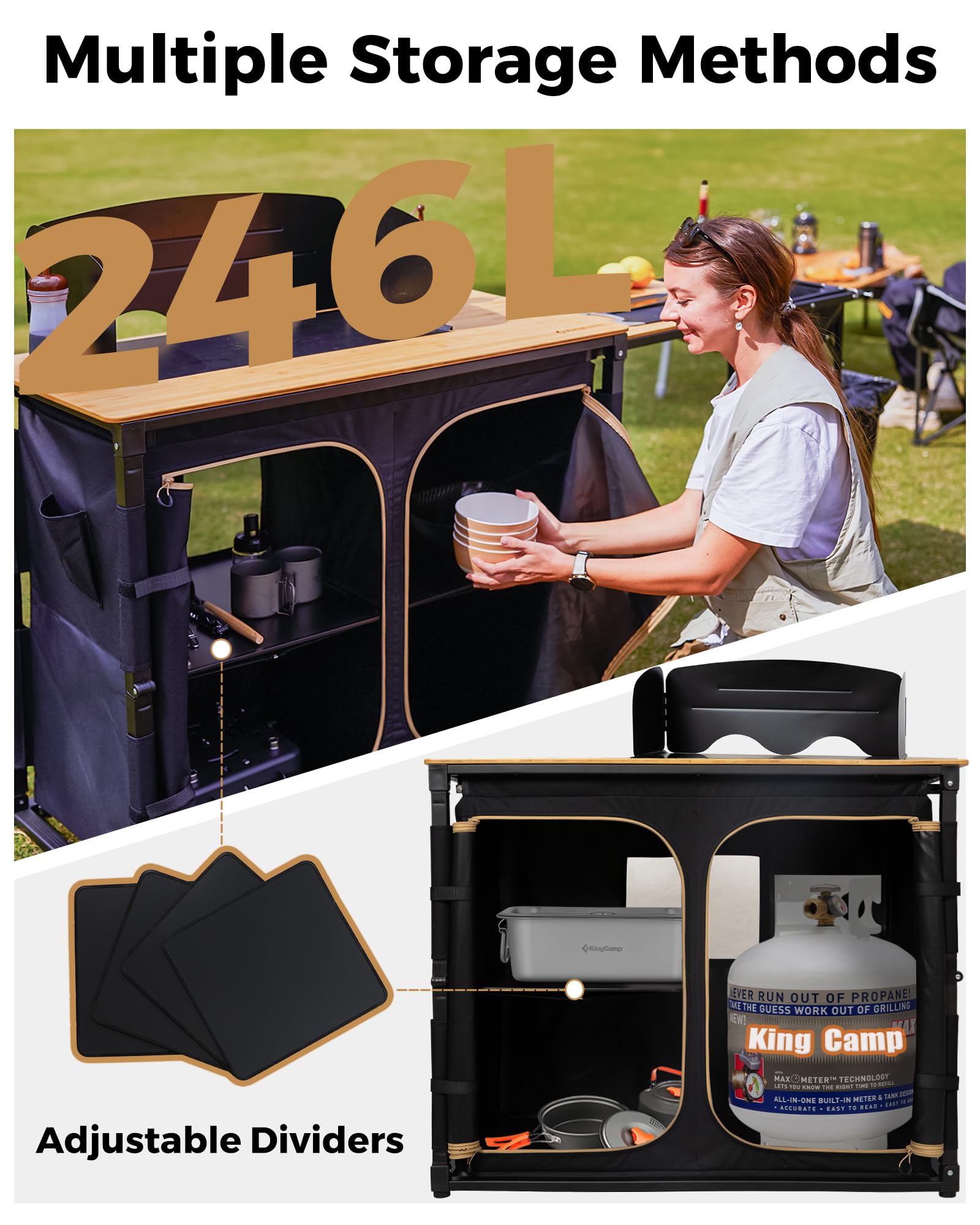 KingCamp Camping Kitchen Table – Portable Grill Station with Bamboo Top