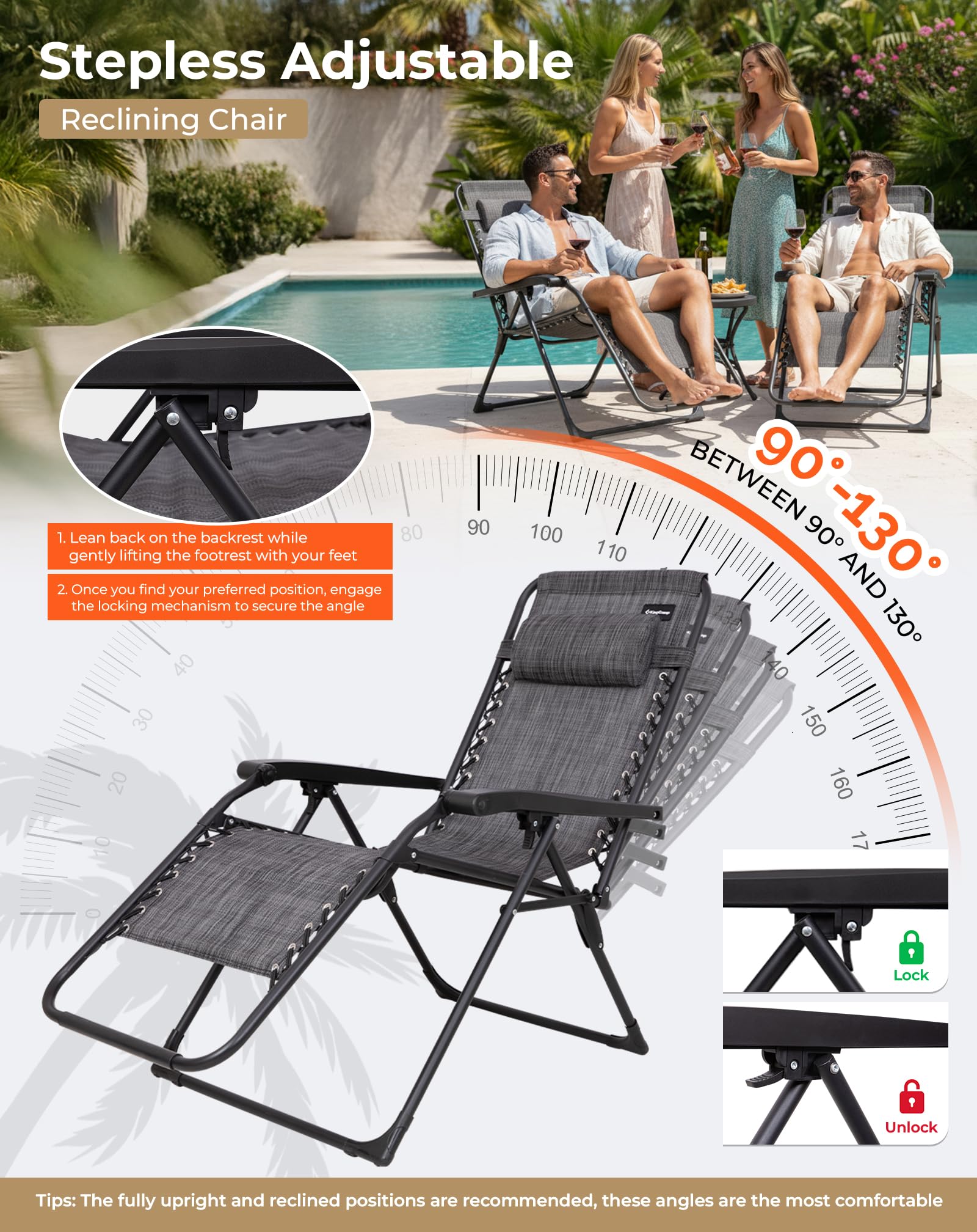 KingCamp DAYLILY B10 Zero Gravity Chair, Adjustable Reclining Outdoor Lounge Chair with Headrest, Teslin Mesh & Heavy-Duty Steel Frame, 400 lbs Capacity