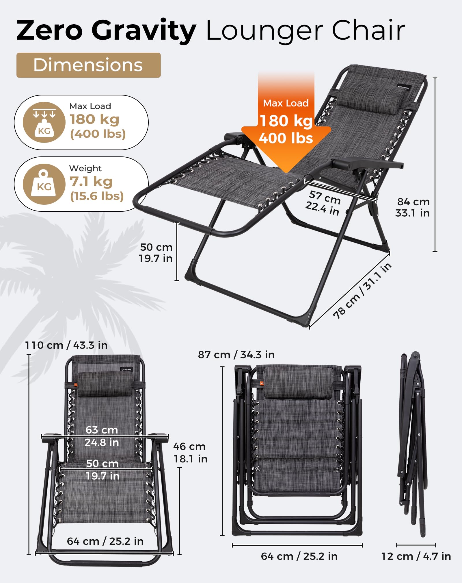 KingCamp Zero Gravity Chair, Adjustable Reclining Outdoor Lounge Chair with Headrest, Teslin Mesh & Heavy-Duty Steel Frame, 400 lbs Capacity