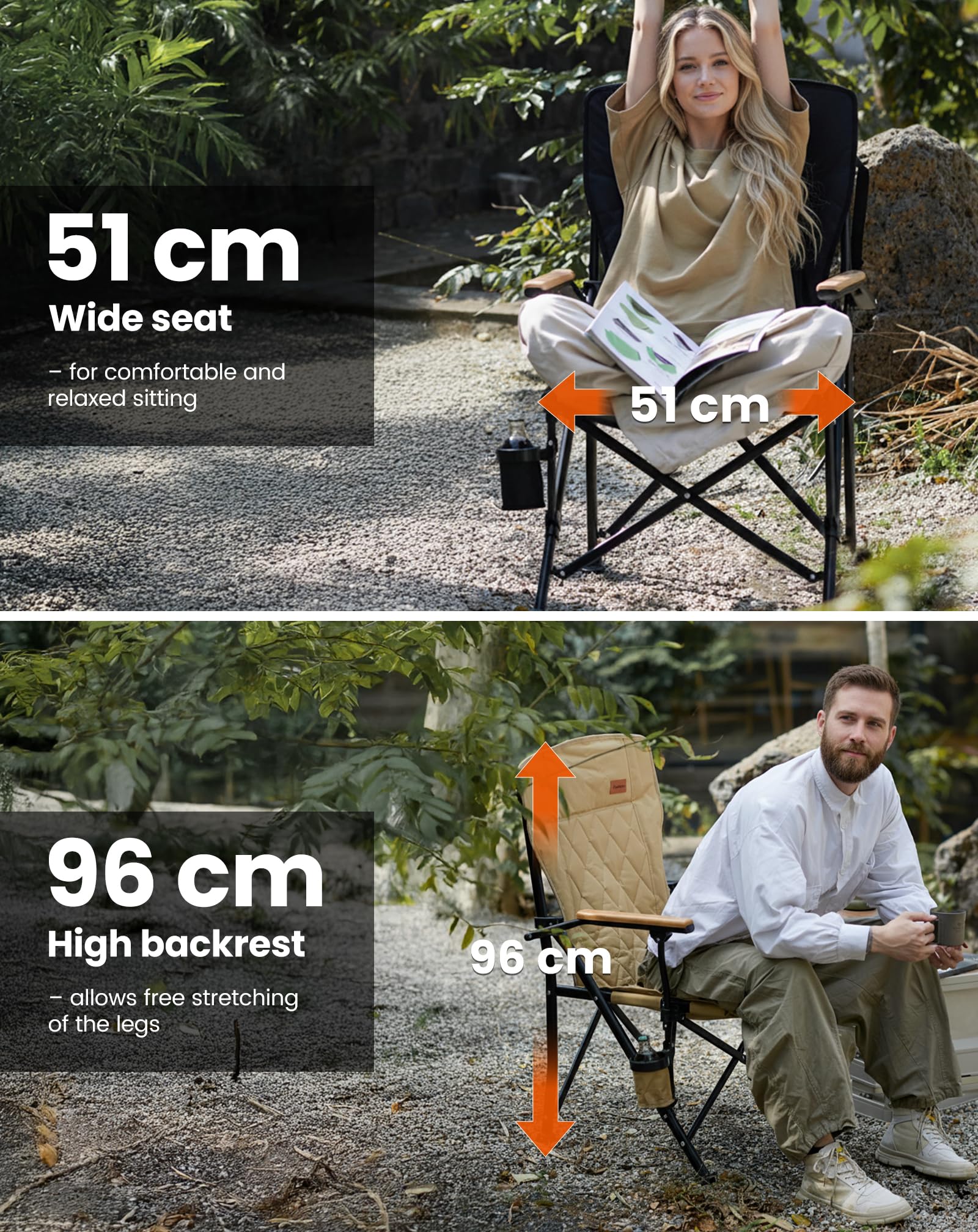 KingCamp GUAVA C00 Padded Folding Camping Chair, High Back Outdoor Armchair with Beech Wood Armrests, Cup Holder, Adjustable Feet & Carry Bag, 300 lbs Capacity