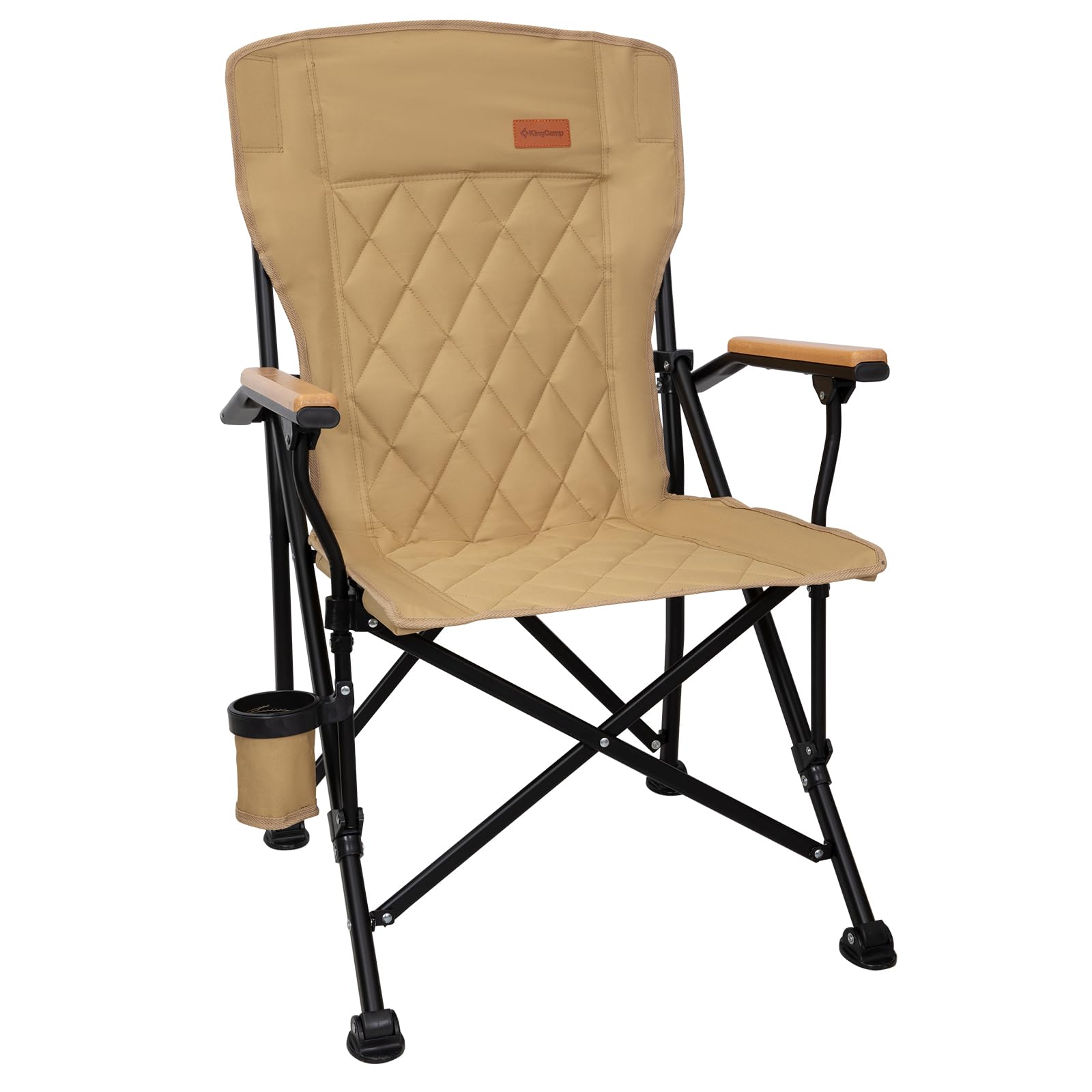 KingCamp GUAVA C00 Padded Folding Camping Chair, High Back Outdoor Armchair with Beech Wood Armrests, Cup Holder, Adjustable Feet & Carry Bag, 300 lbs Capacity