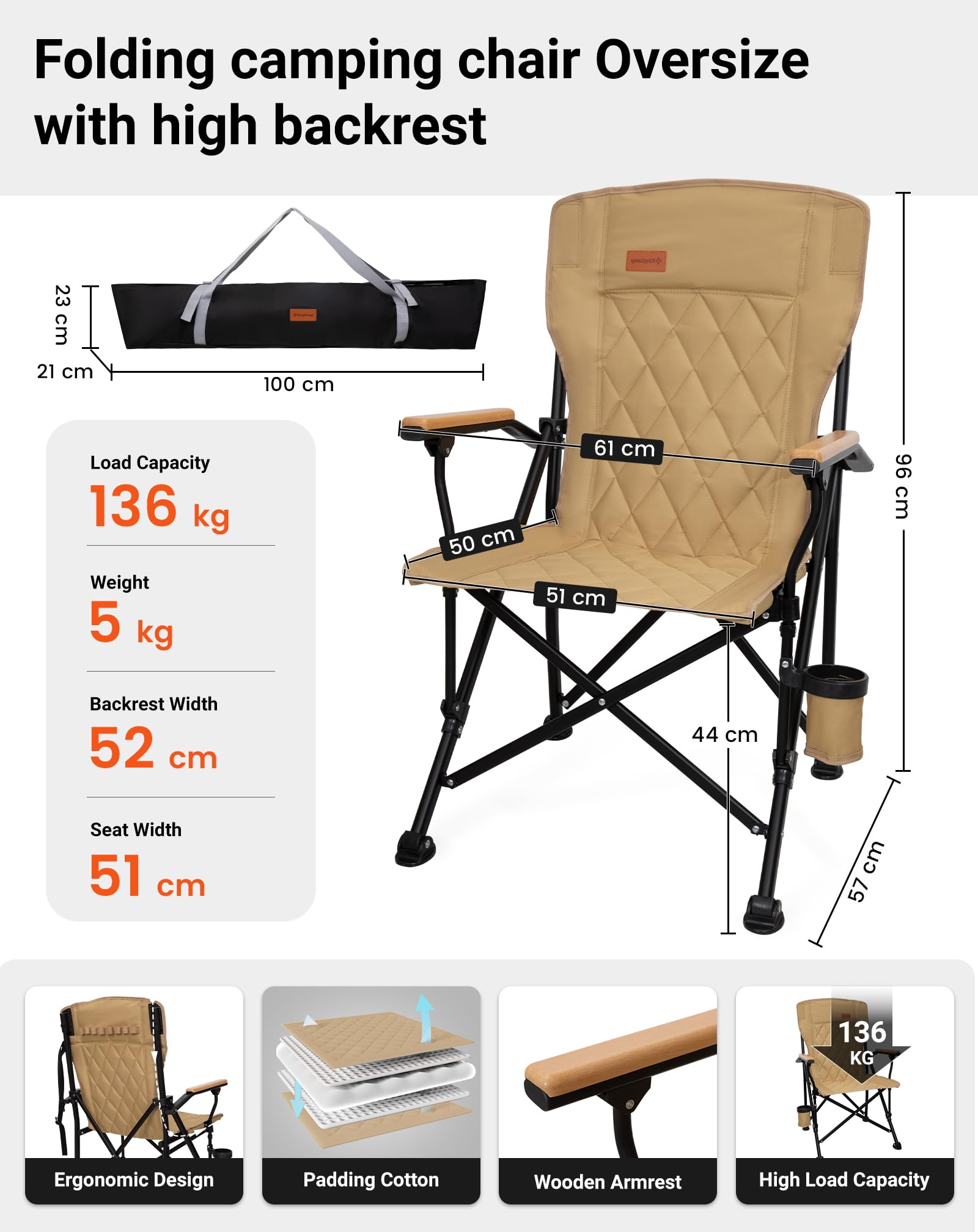 KingCamp GUAVA C00 Padded Folding Camping Chair, High Back Outdoor Armchair with Beech Wood Armrests, Cup Holder, Adjustable Feet & Carry Bag, 300 lbs Capacity