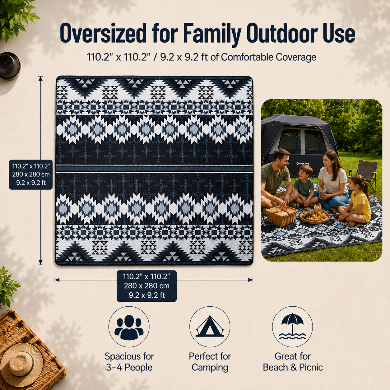 KingCamp Oversized Camping Mat, 9.2 x 9.2 ft Insulated Tent Floor Mat Great for Beach and Picnic