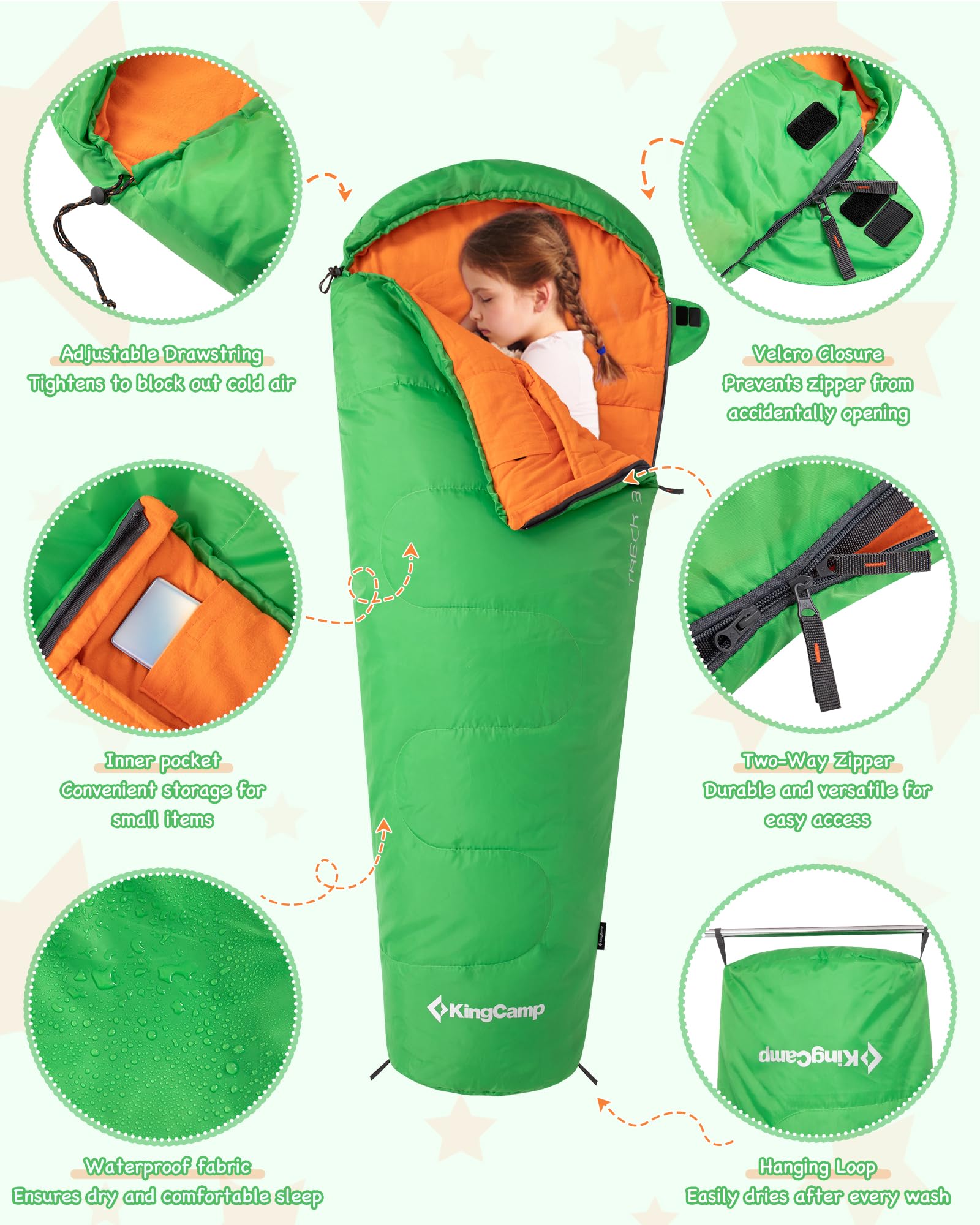 KingCamp Kids Mummy Sleeping Bag with Inner Pocket and Waterproof Fabric