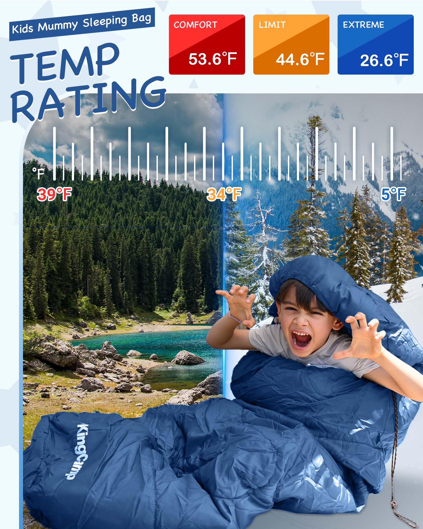 KingCamp Kids Mummy Sleeping Bag - Temperature Rating: 12¡ãC / 7¡ãC / -3¡ãC (54¡ãF / 45¡ãF / 26¡ãF)