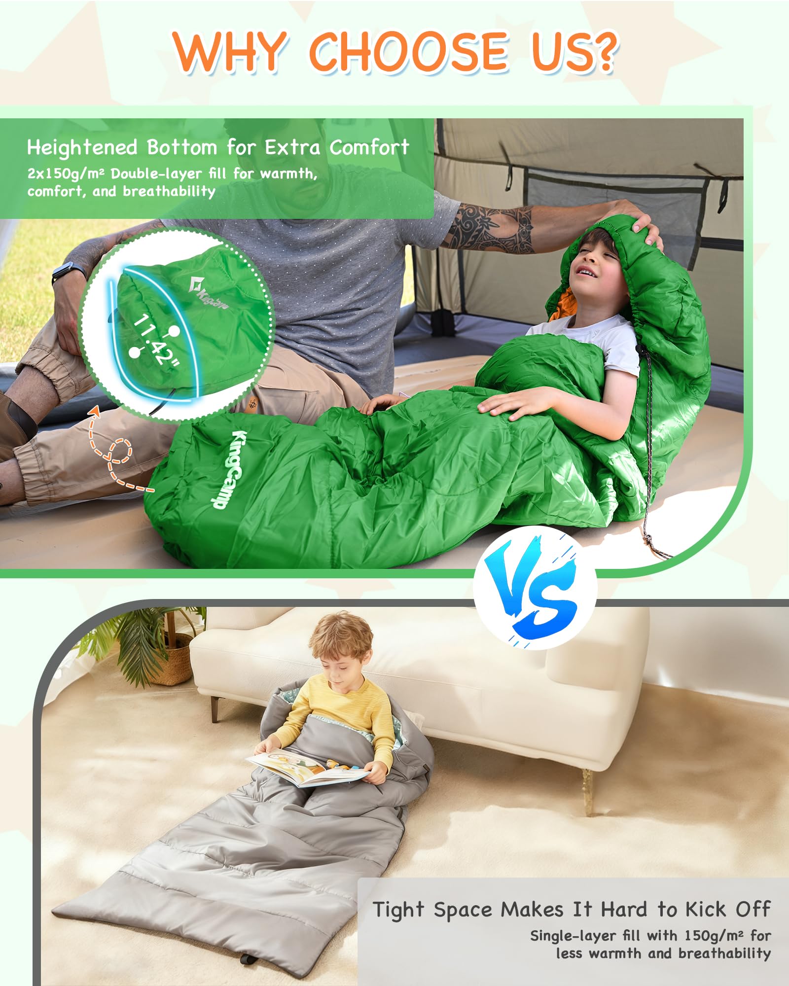 KingCamp Kids Mummy Sleeping Bag with Heightened Bottom for Extra Comfort