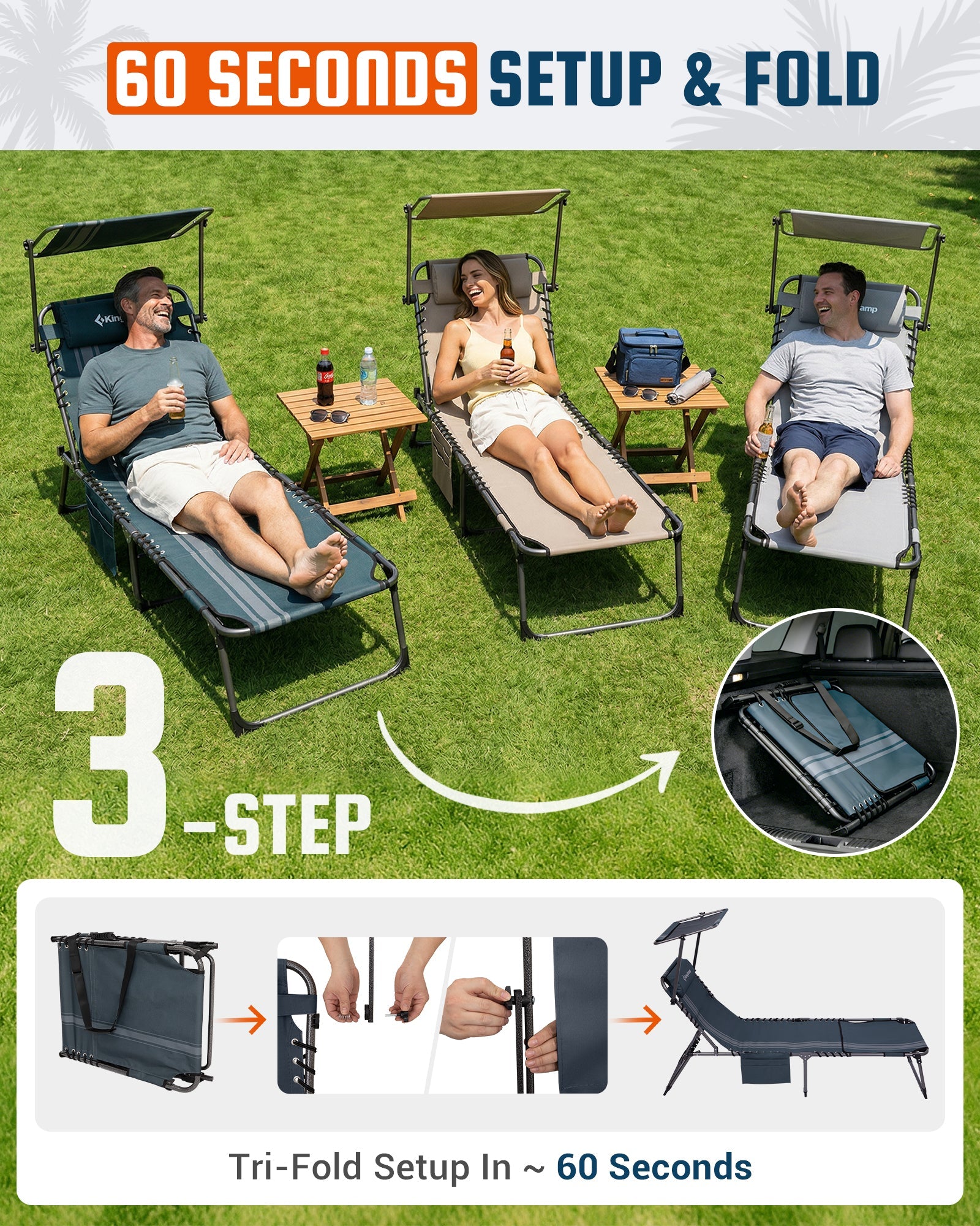 KingCamp MAGNOLIA B30 Folding Tanning Chair 400lb Capacity 60 seconds setup and fold