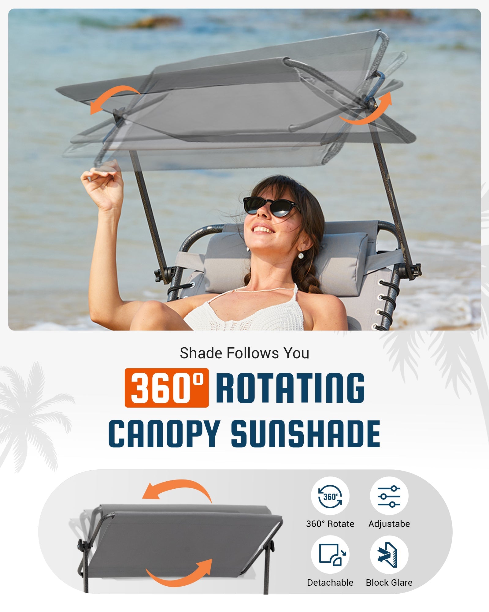 KingCamp MAGNOLIA B30 Folding Tanning Chair with 360 Rotating Canopy Sunshade