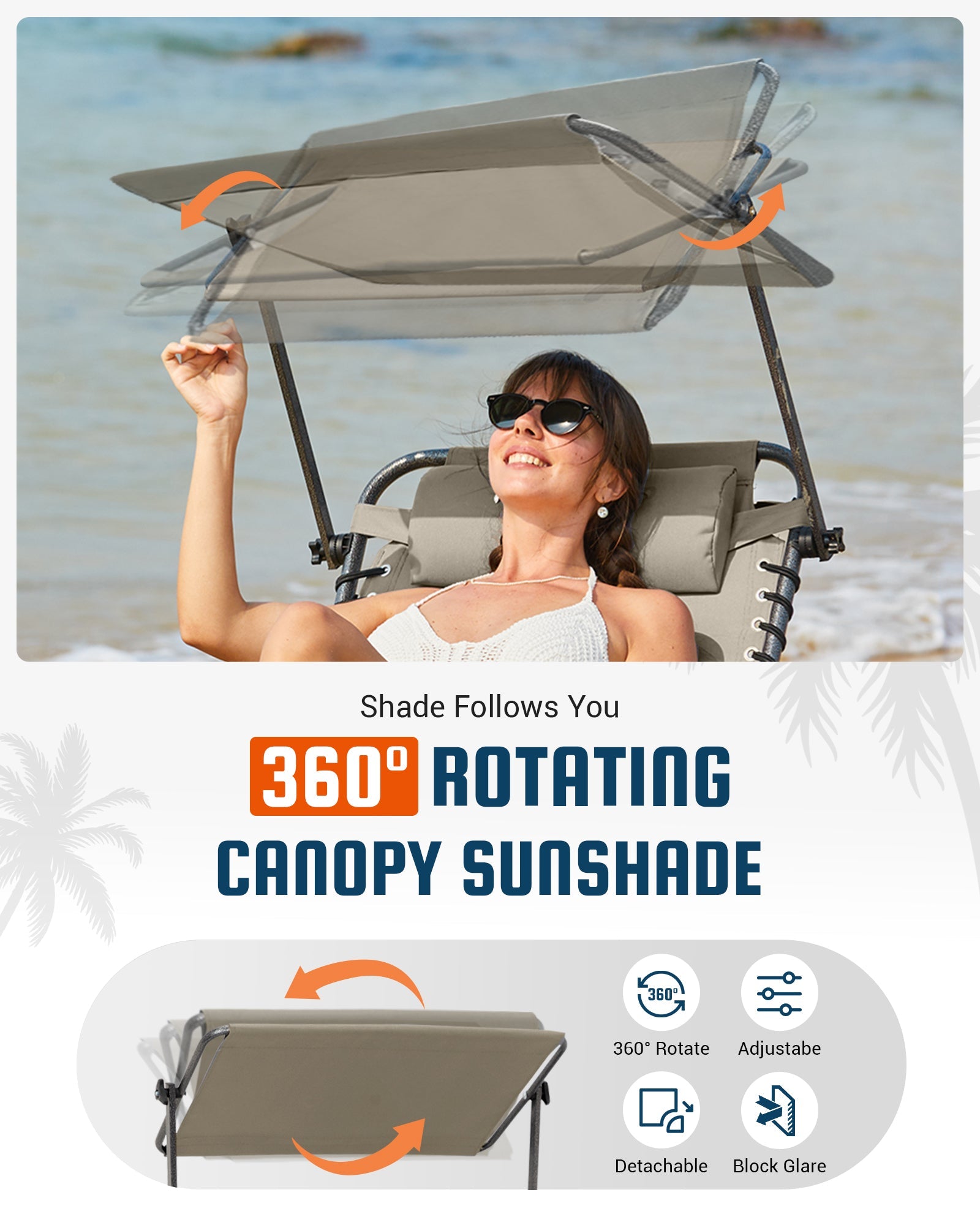KingCamp MAGNOLIA B30 Folding Tanning Chair with 360 Rotating Canopy Sunshade