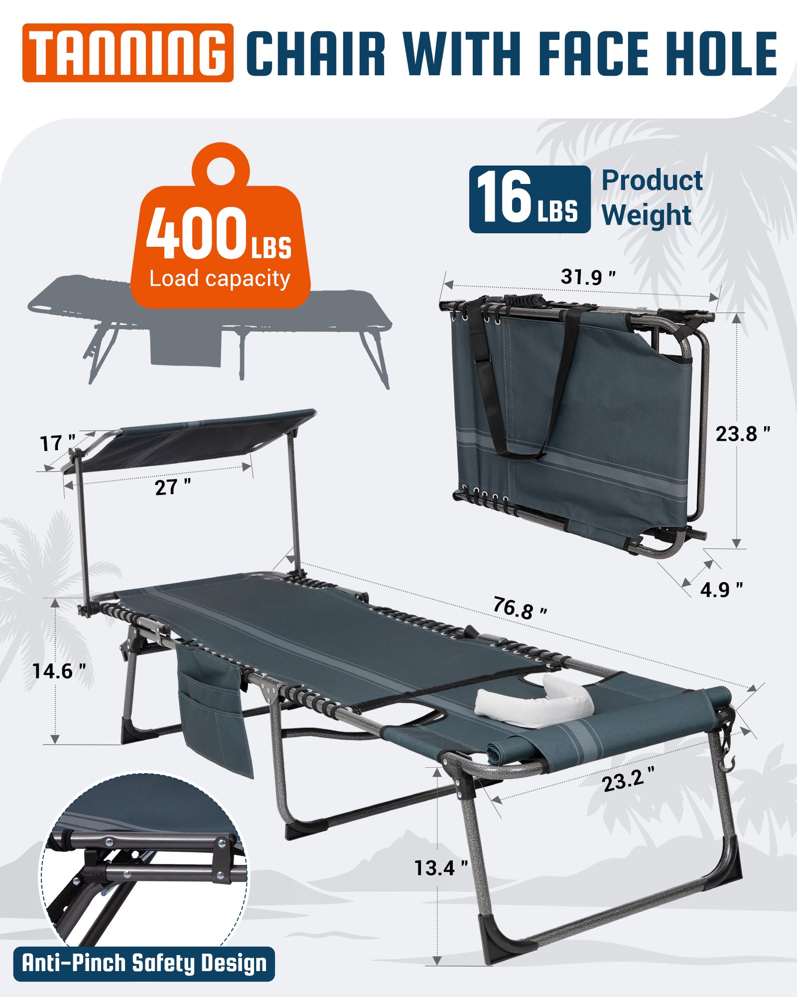 KingCamp MAGNOLIA B30 Folding Tanning Chair with Face Hole & Canopy Shade