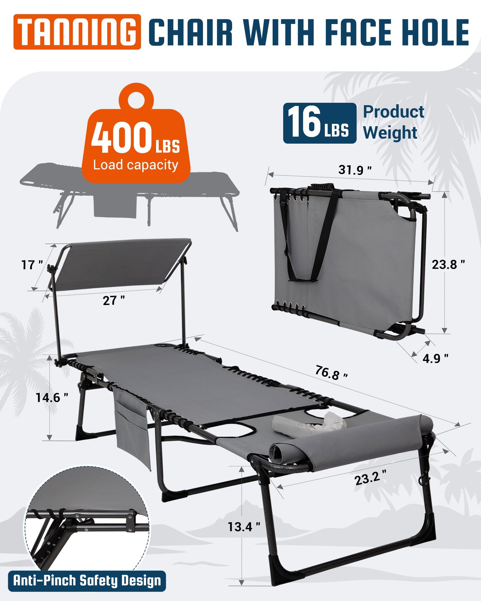 KingCamp MAGNOLIA B30 Folding Tanning Chair with Face Hole & Canopy Shade | 400lb Capacity