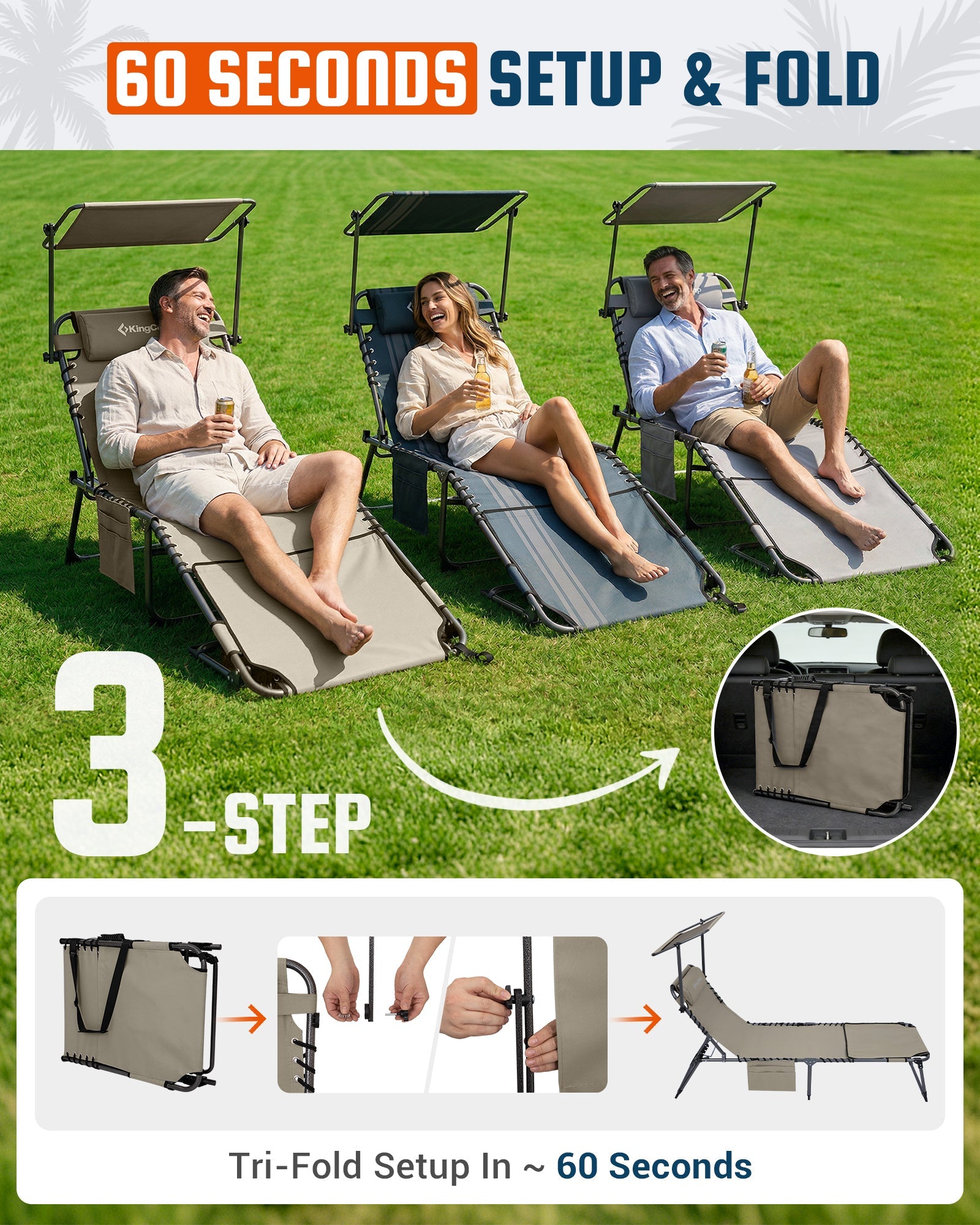 KingCamp MAGNOLIA B30 Folding Tanning Chair with Face Hole & Canopy Shade | 400lb Capacity and easy setup and fold
