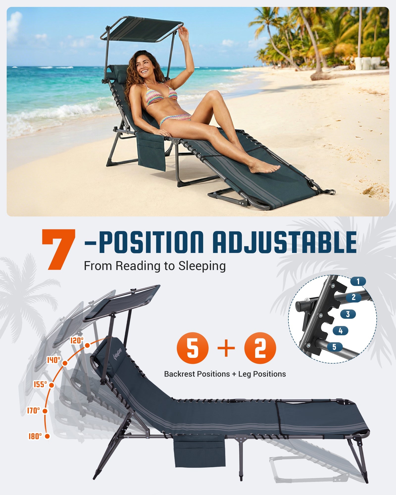 KingCamp MAGNOLIA B30 Folding Tanning Chair with Face Hole & Canopy Shade 7-POSITIOA AdJUSTABLE From Reading to Sleeping