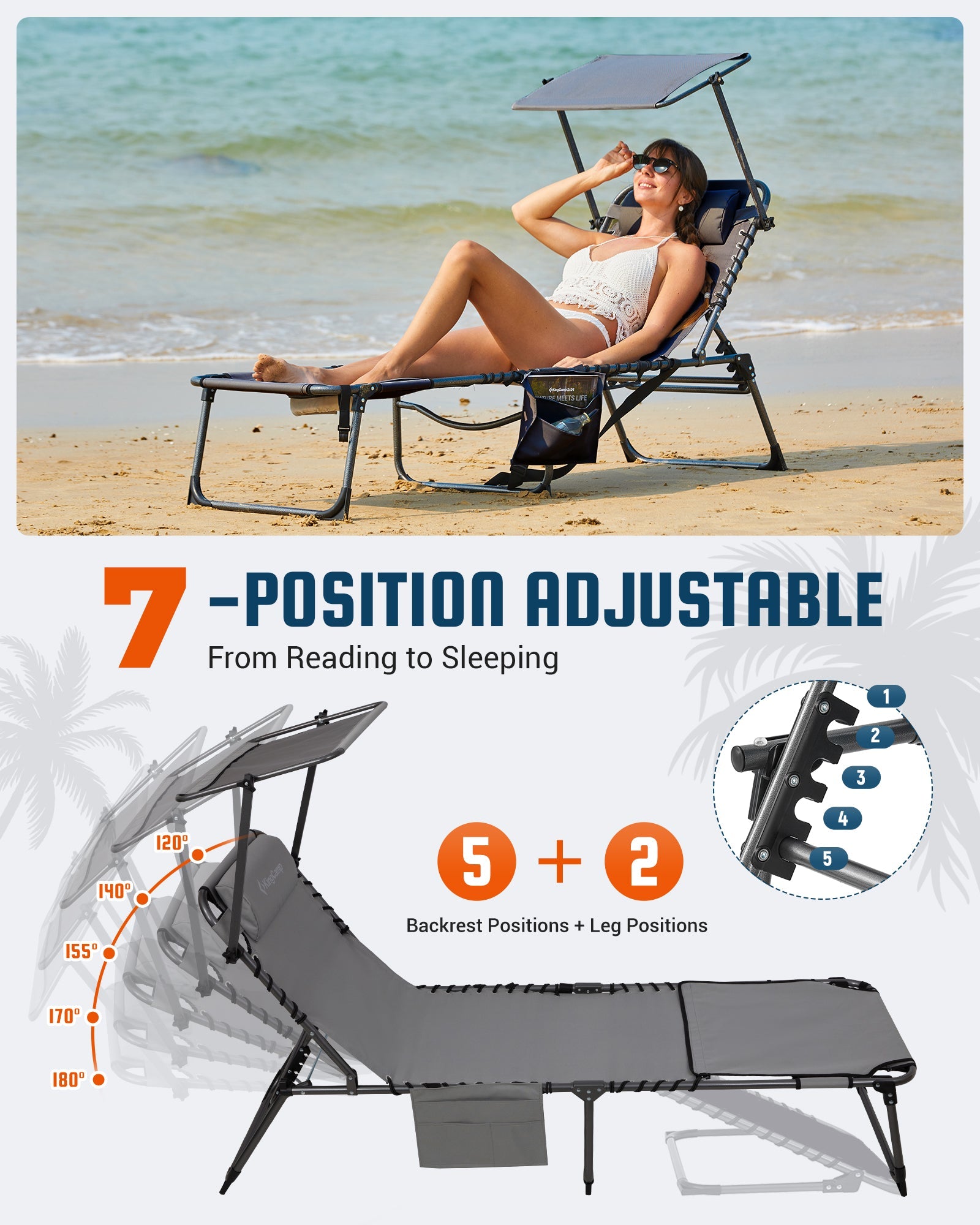 KingCamp MAGNOLIA B30 Folding Tanning Chair with Face Hole & Canopy Shade 7-POSITIOA AdJUSTABLE From Reading to Sleeping