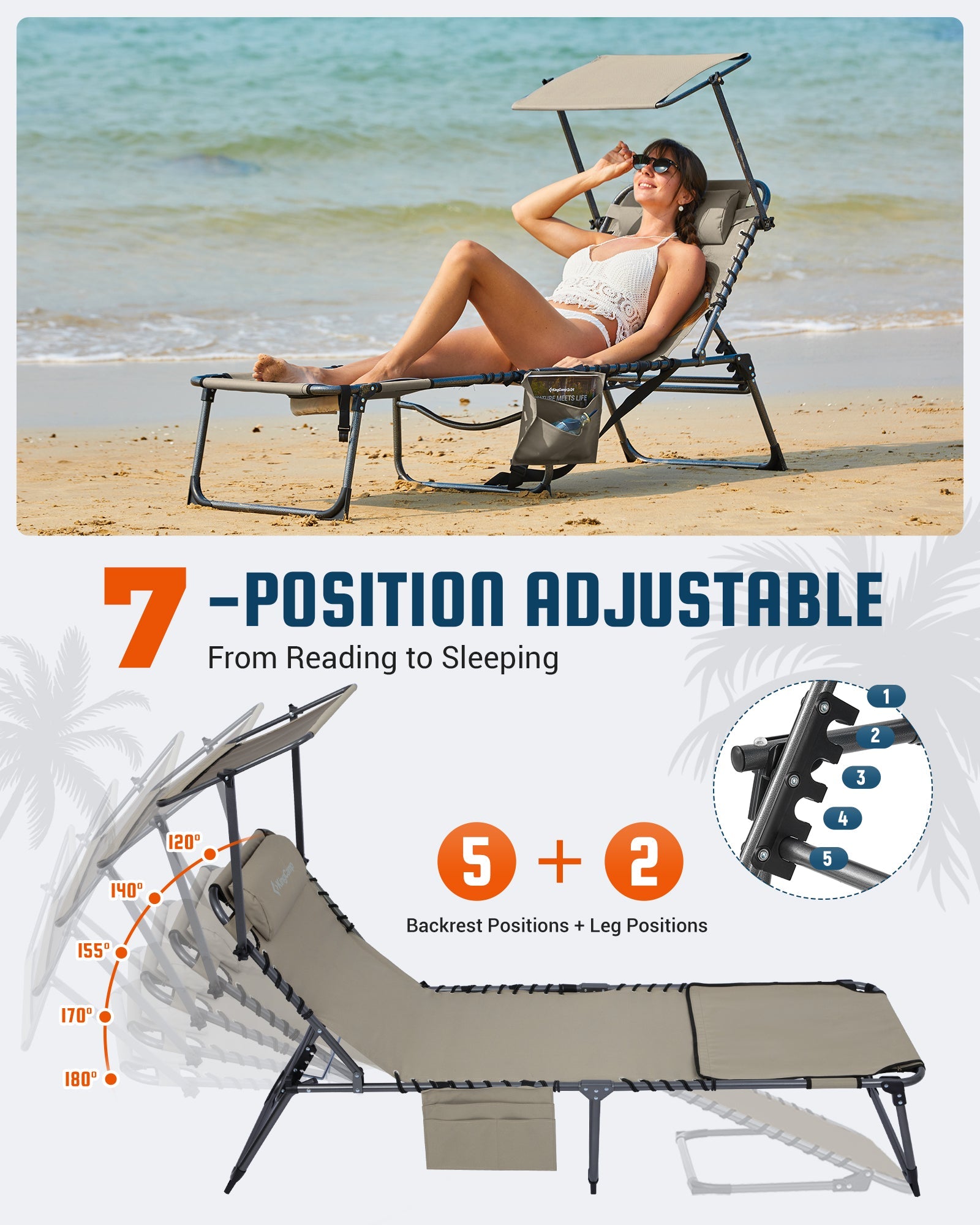 KingCamp MAGNOLIA B30 Folding Tanning Chair with Face Hole & Canopy Shade 7-POSITIOA AdJUSTABLE From Reading to Sleeping