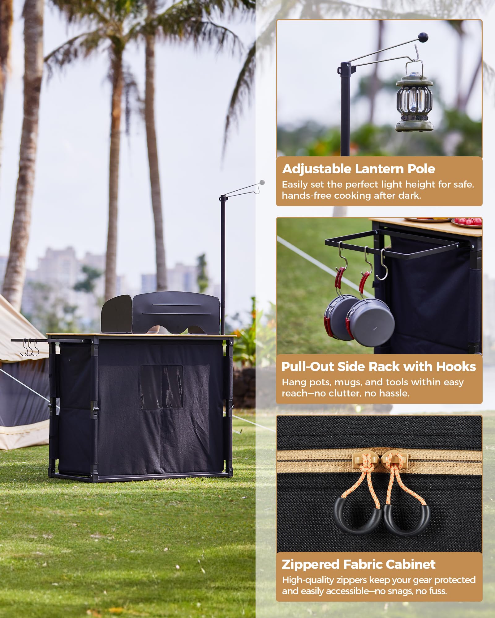 KingCamp Portable Camp Kitchen Table ¨C Bamboo Top Grill Station with Windshield and Adjustable Lantern Pole