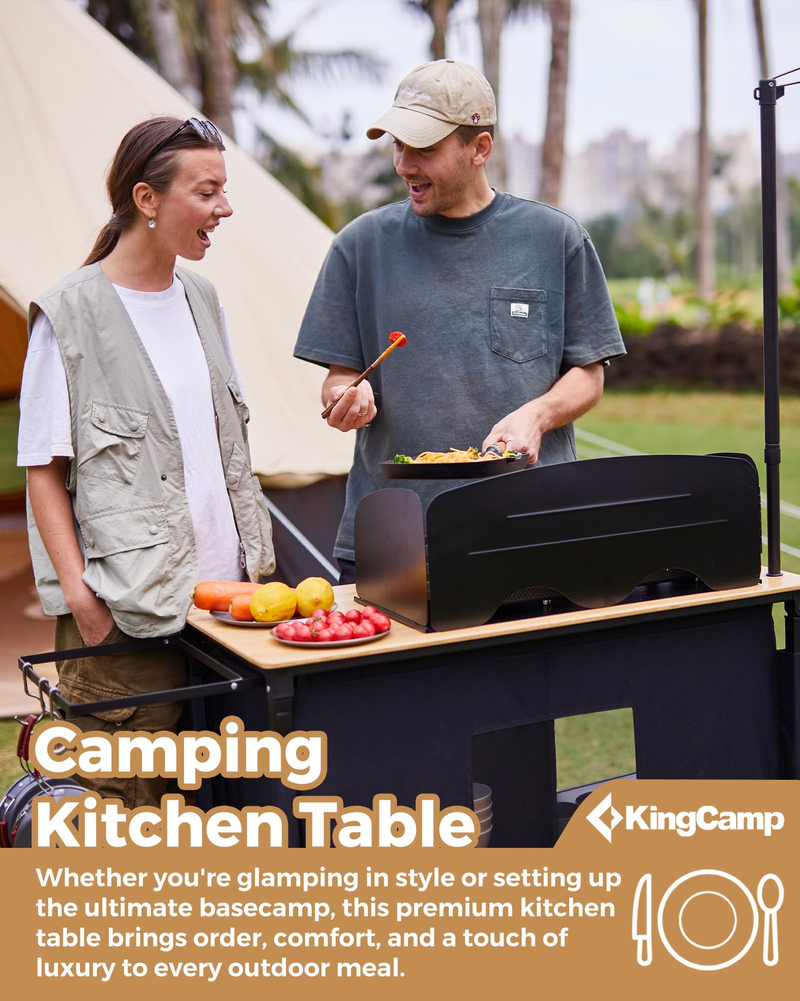 KingCamp Glamping Camp Kitchen Table ¨C Bamboo Top Grill Station with Windshield