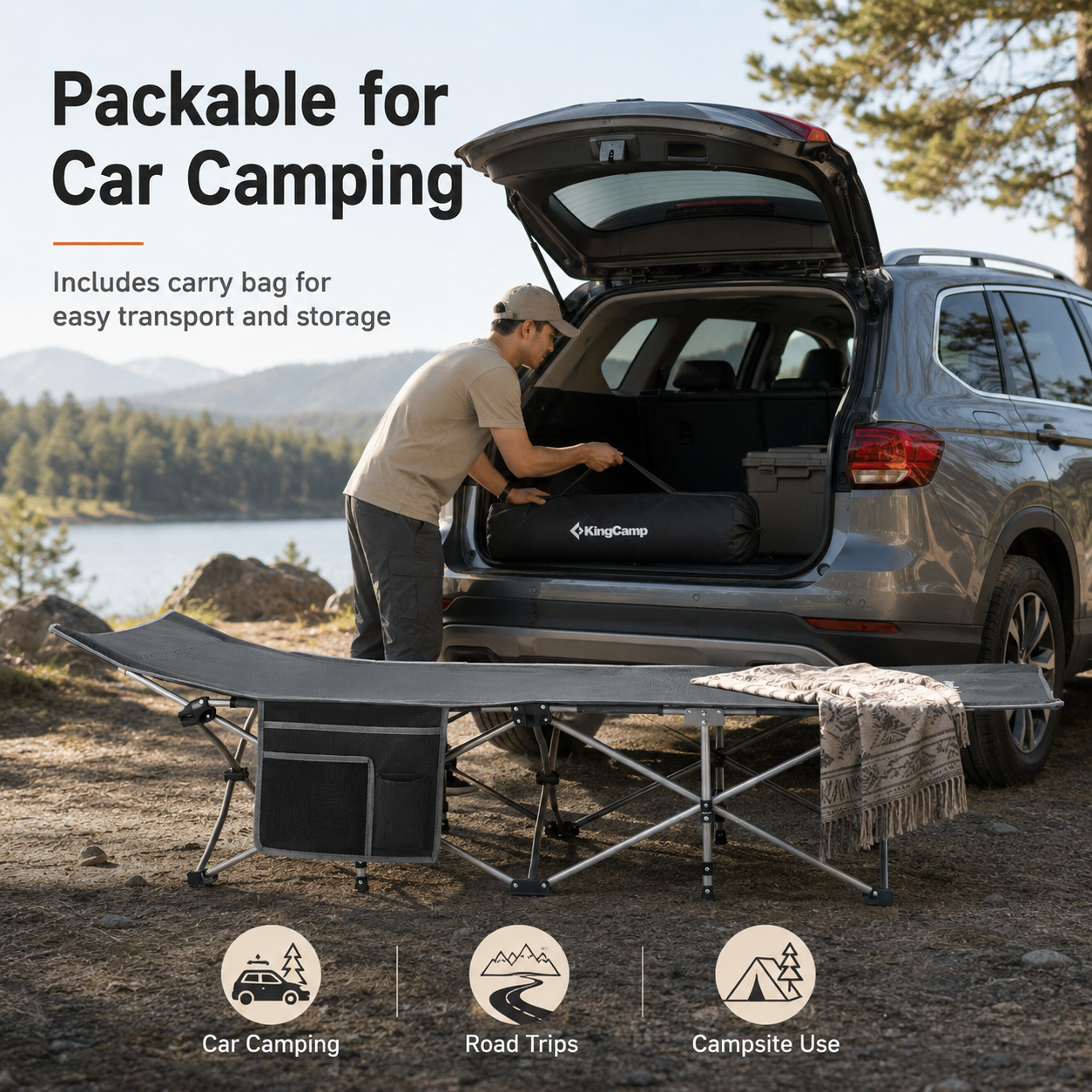 KingCamp Ravon C10 Camping Cot | Quick-Folding 10-Leg Cot with Ergonomic Raised Head, 264lb Capacity, Padded Headrest & Side Pocket