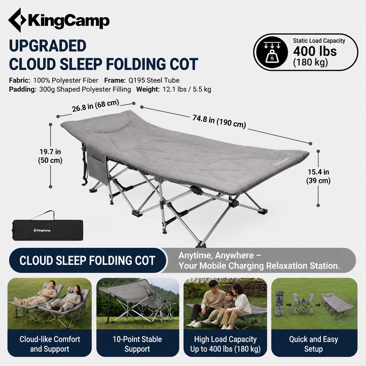 KingCamp Ravon C20 Folding Camping Cot | 10-Leg Stability Cot with Padded Quilted Bed, Ergonomic Raised Headrest, 400lb Capacity, Quick-Fold Design for Camping, Guest & Emergency Use