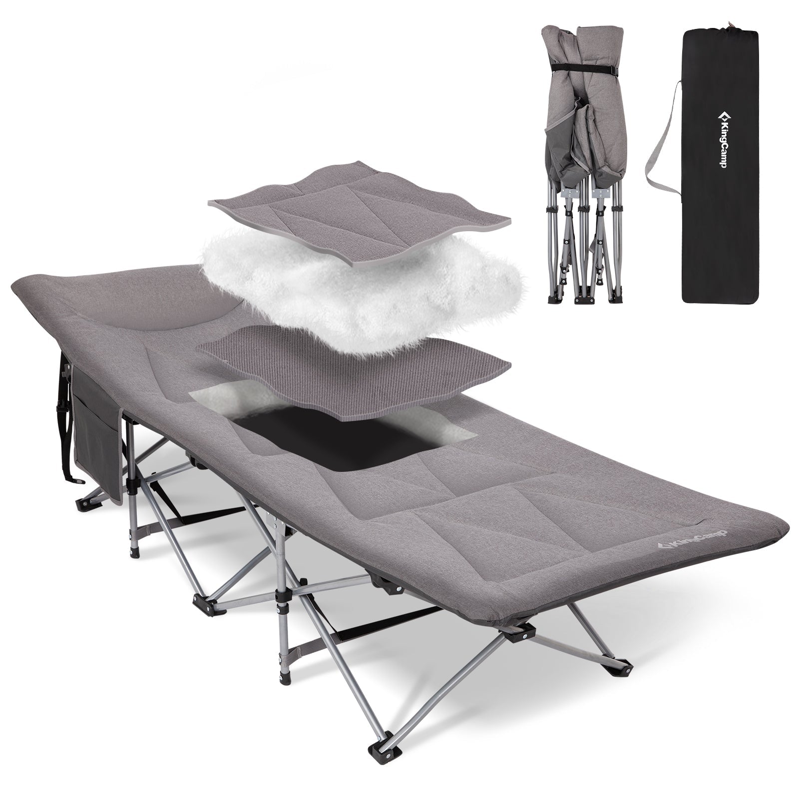 KingCamp Ravon C20 Folding Camping Cot, 400 lbs Heavy Duty Portable Sleeping Bed with Padded Headrest, 10-Leg Steel Frame & Side Pocket Grey