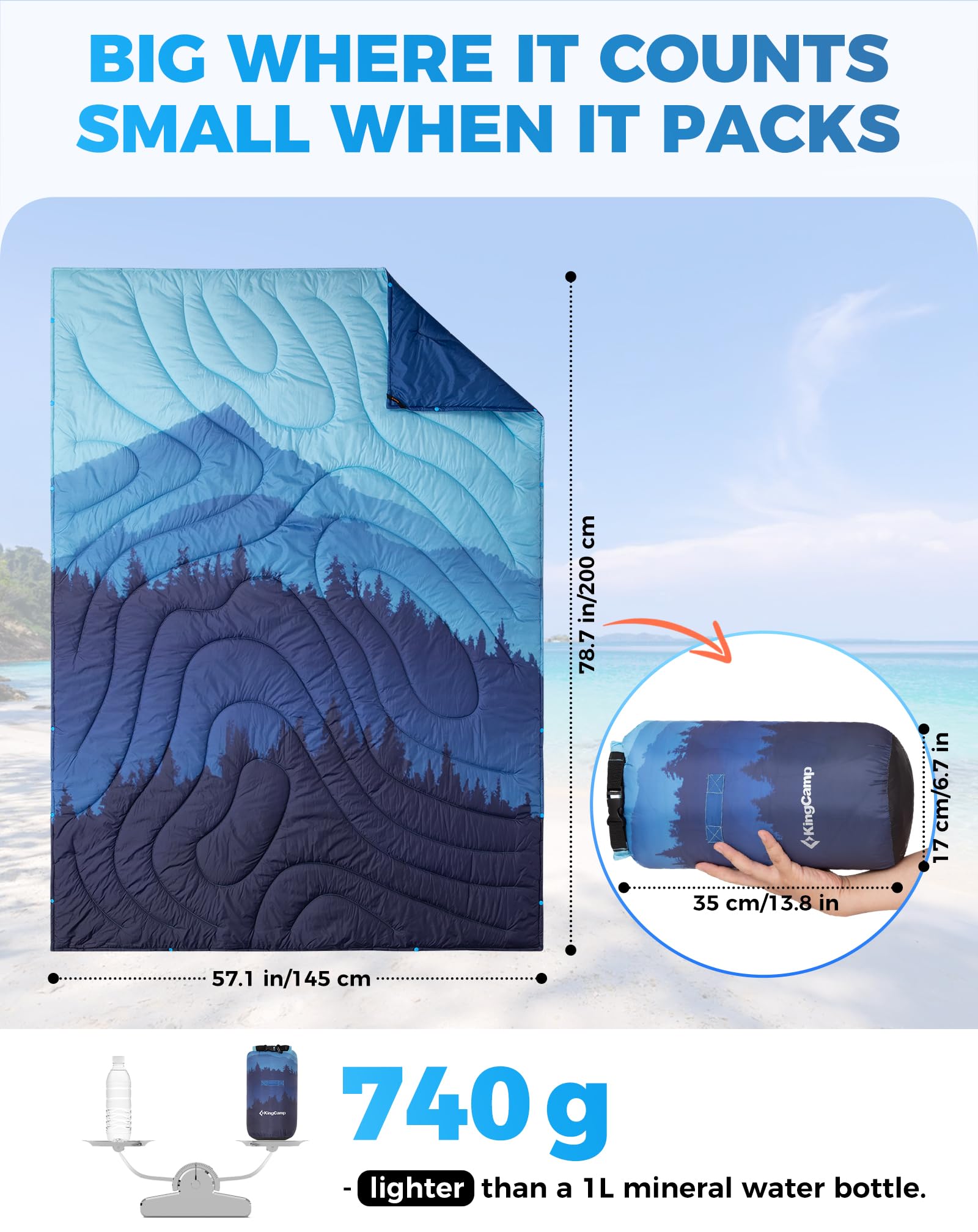 KingCamp SMART 150 XL Ultralight Camping Blanket ¨C Packable, Wearable & Water-Repellent for Outdoor & Stadium Use