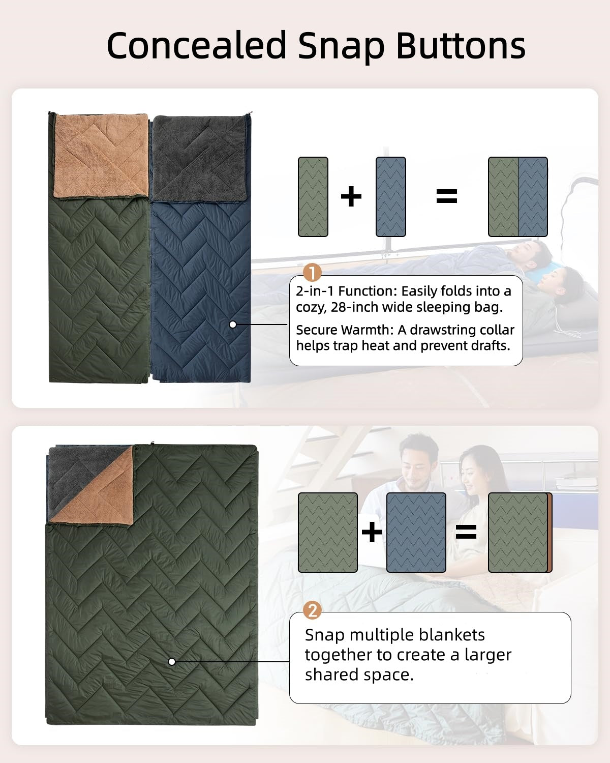 KingCamp Sherpa Sleeping Bag Blanket 2-in-1 for Camping, Car & Home Lightweight & Packable with Concealed Snap Buttons